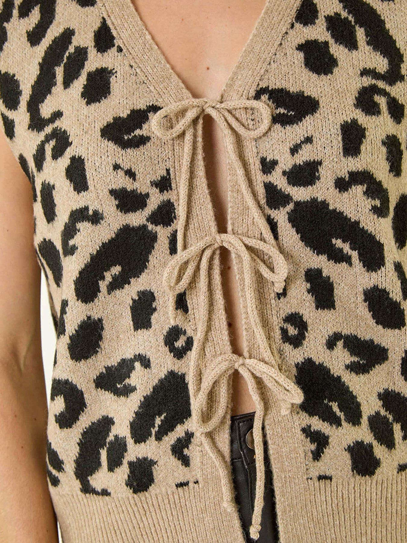  image of roman-animal-print-tie-front-knit-top-brown