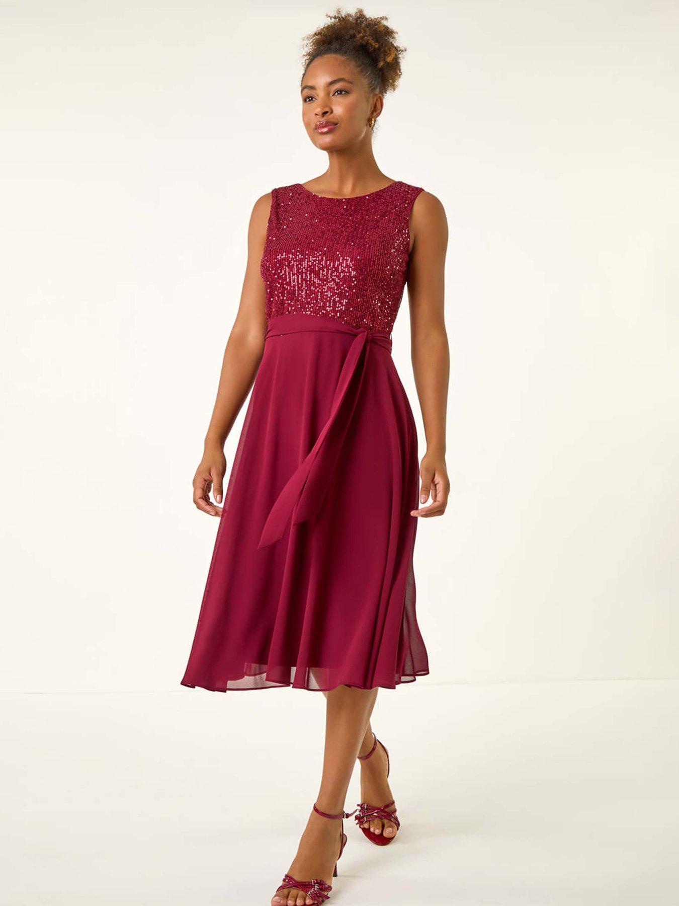 undefined Sequin Bodice Betlted Chiffon Dress - Red