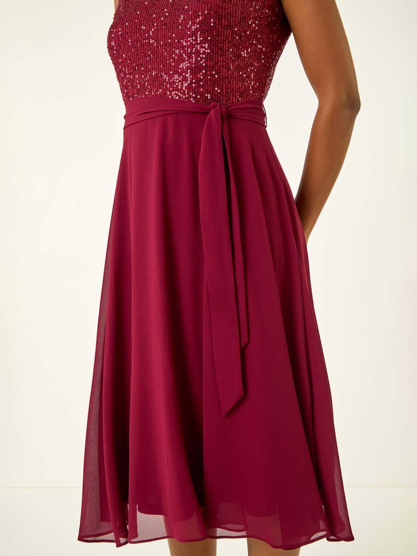 Image 5 of 5 of Roman Sequin Bodice Betlted Chiffon Dress - Red