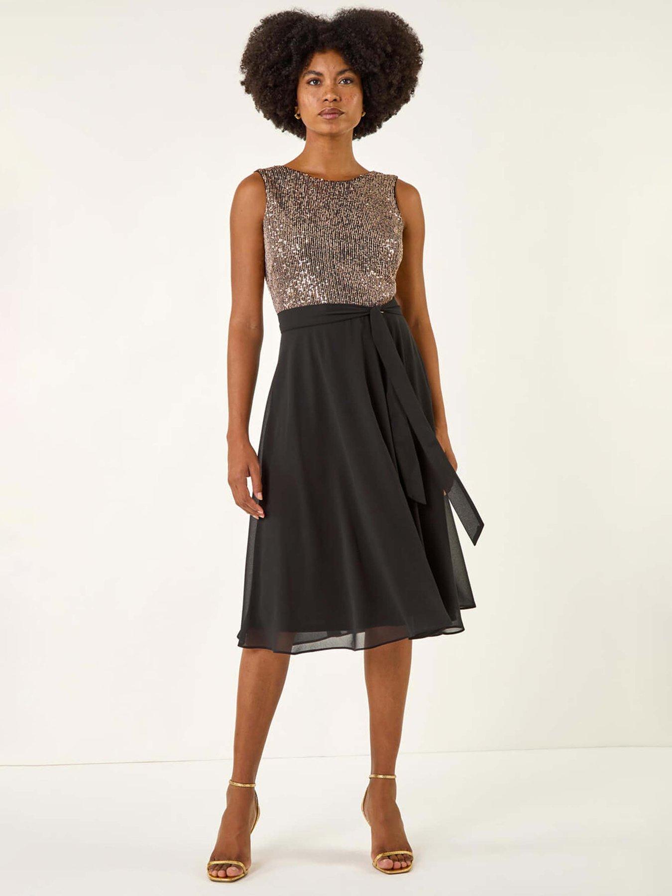 undefined Sequin Bodice Belted Chiffon Dress - Gold