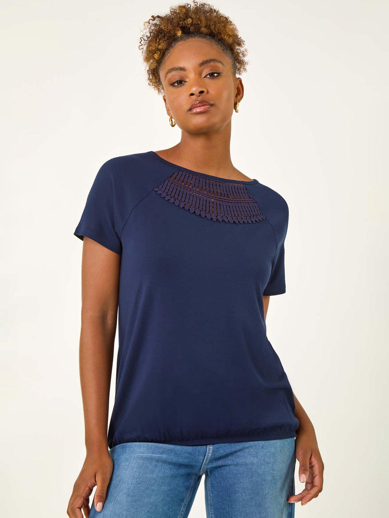Roman Crochet Neck Stretch T-shirt - Navy