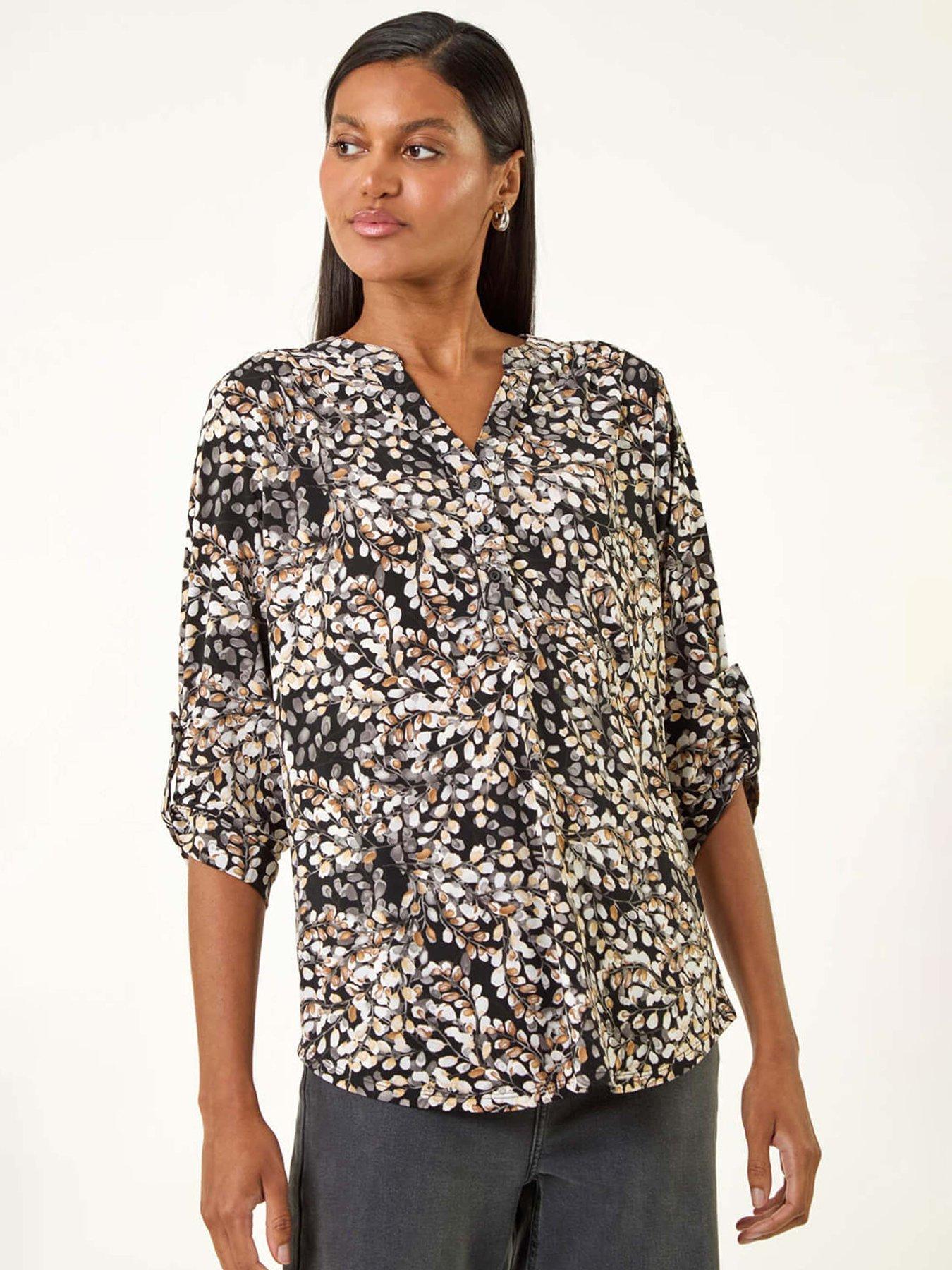 undefined Floral Puff Print Stretch Top  - Beige