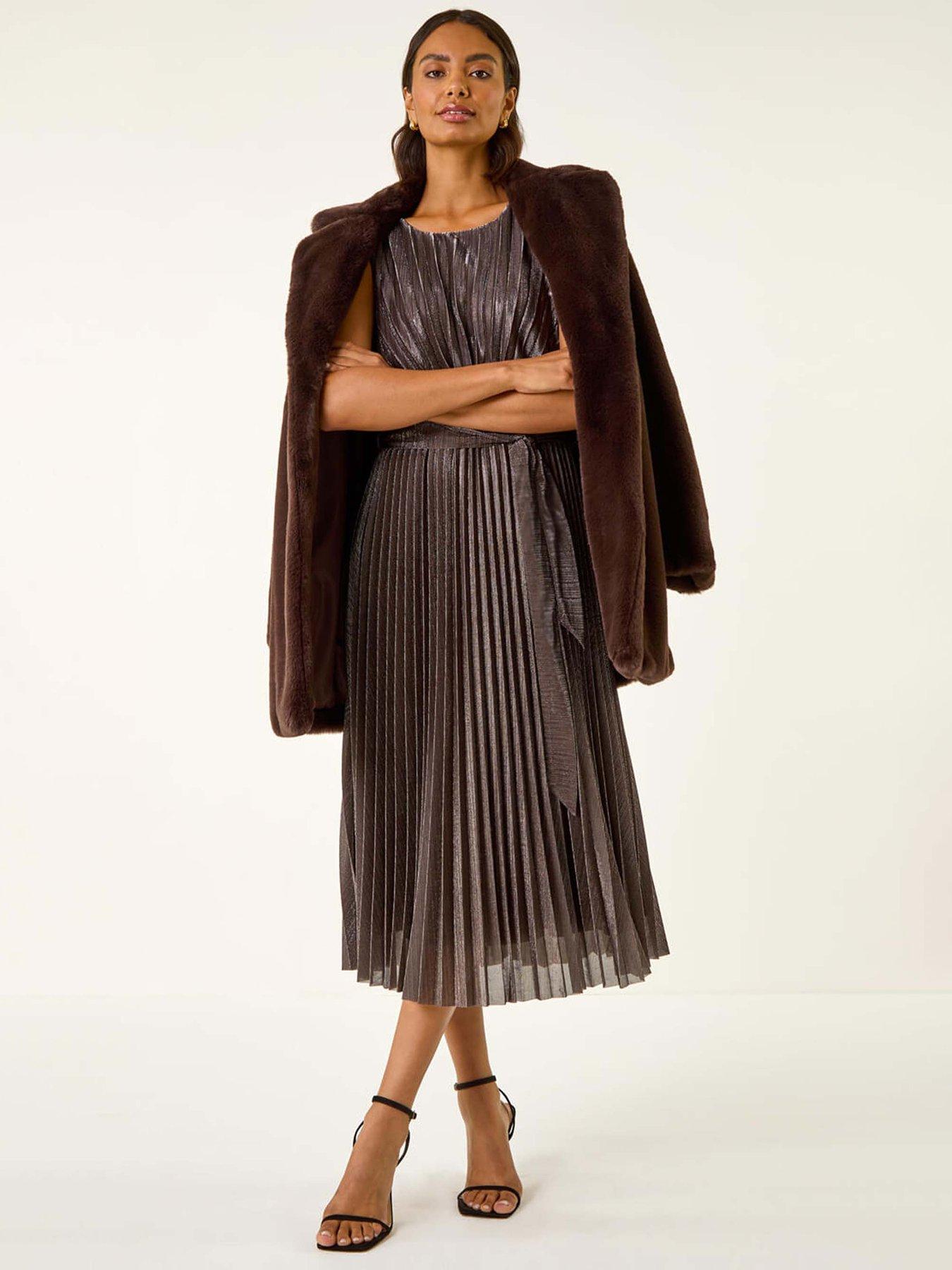 undefined Metallic Pleated Midi Dress - Brown