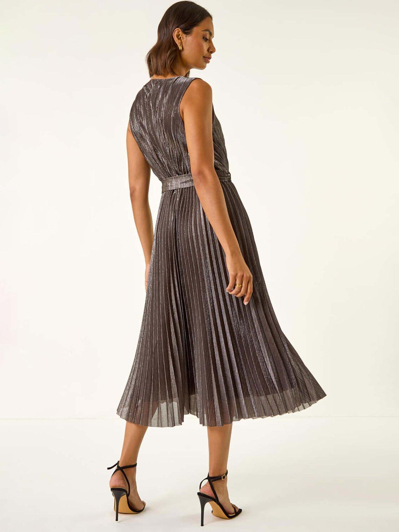 Image 2 of 5 of Roman Metallic Pleated Midi Dress - Brown