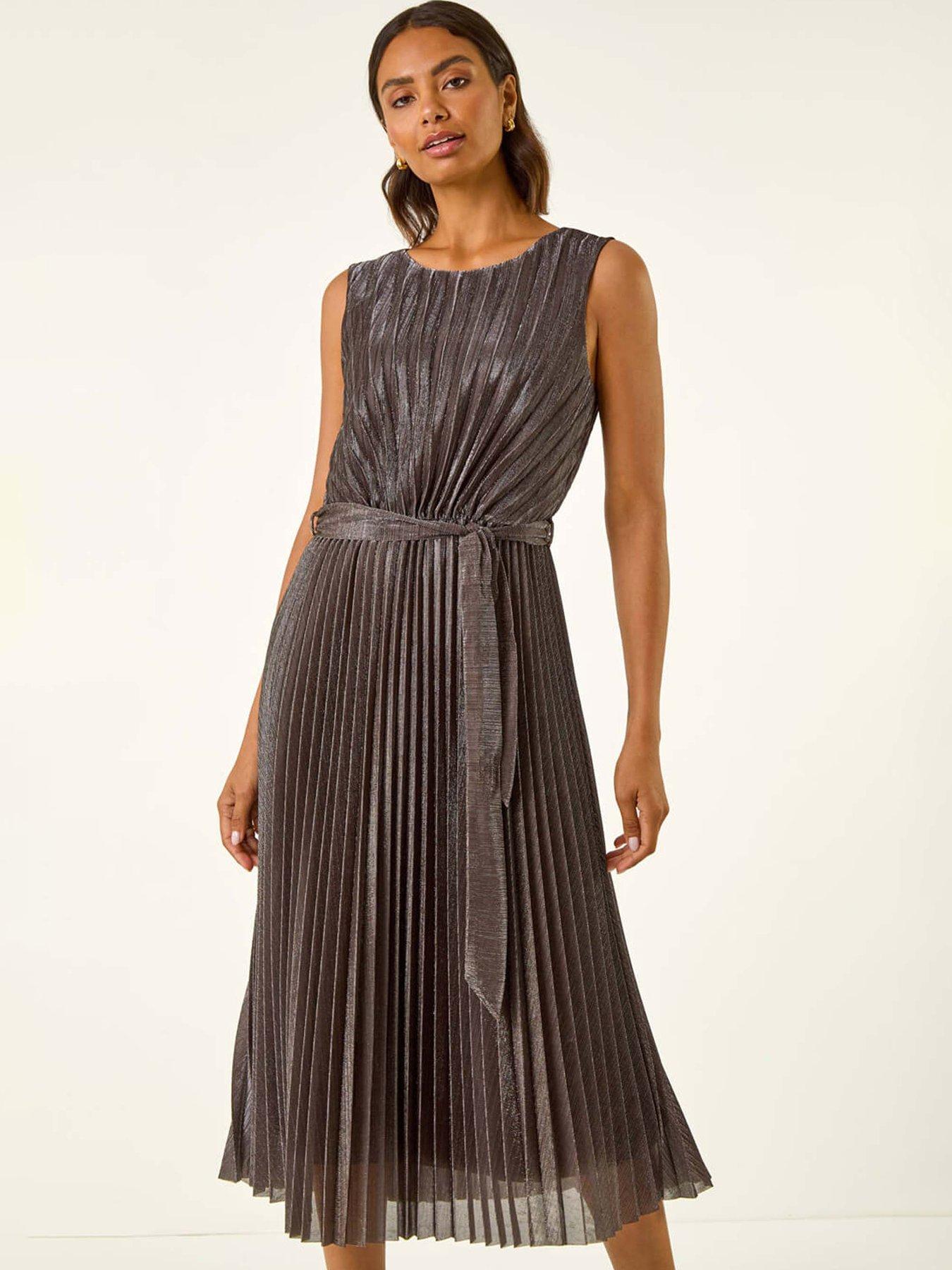 Image 3 of 5 of Roman Metallic Pleated Midi Dress - Brown