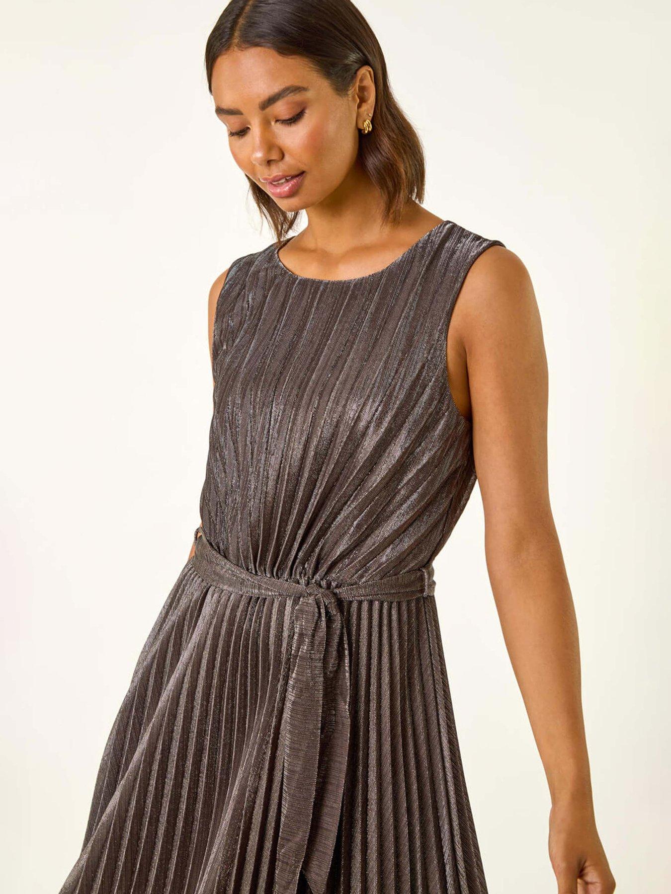 Image 4 of 5 of Roman Metallic Pleated Midi Dress - Brown