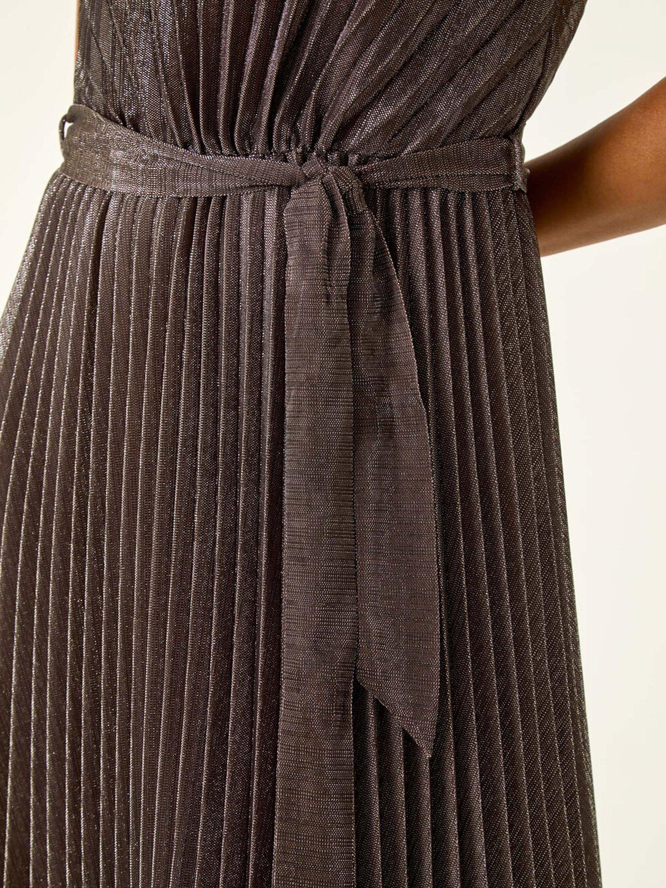 Image 5 of 5 of Roman Metallic Pleated Midi Dress - Brown