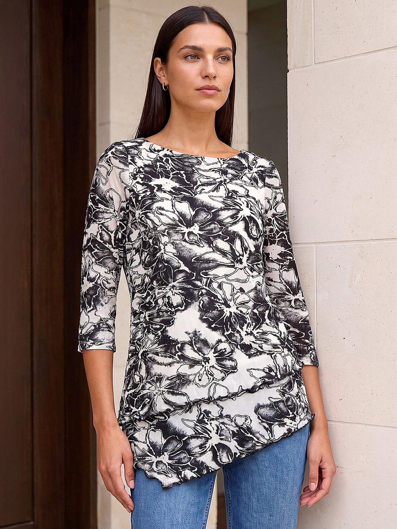 Image 1 of 4 of Roman Flock Floral Asymmetric Hem Top - Black
