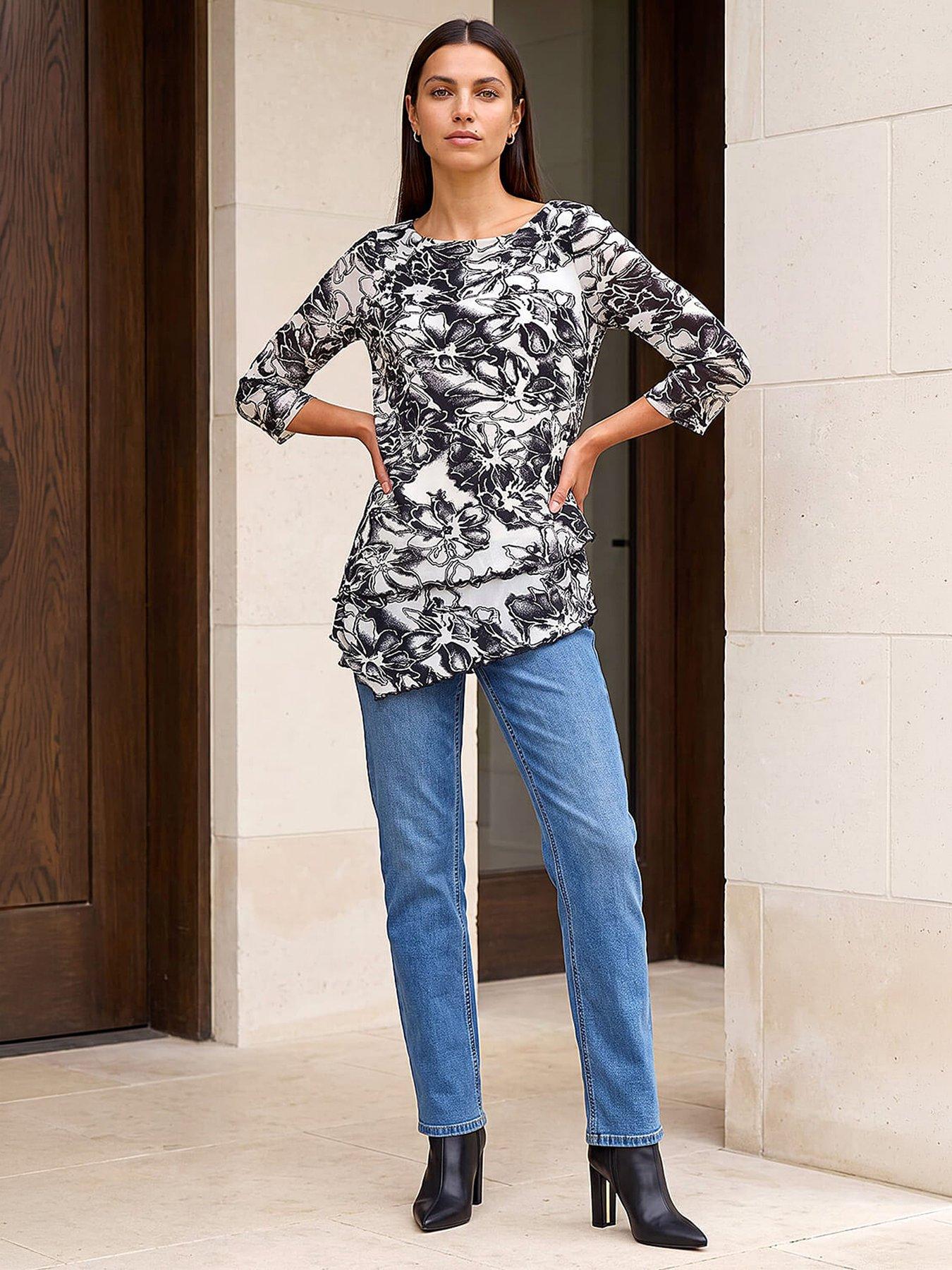 Image 3 of 4 of Roman Flock Floral Asymmetric Hem Top - Black