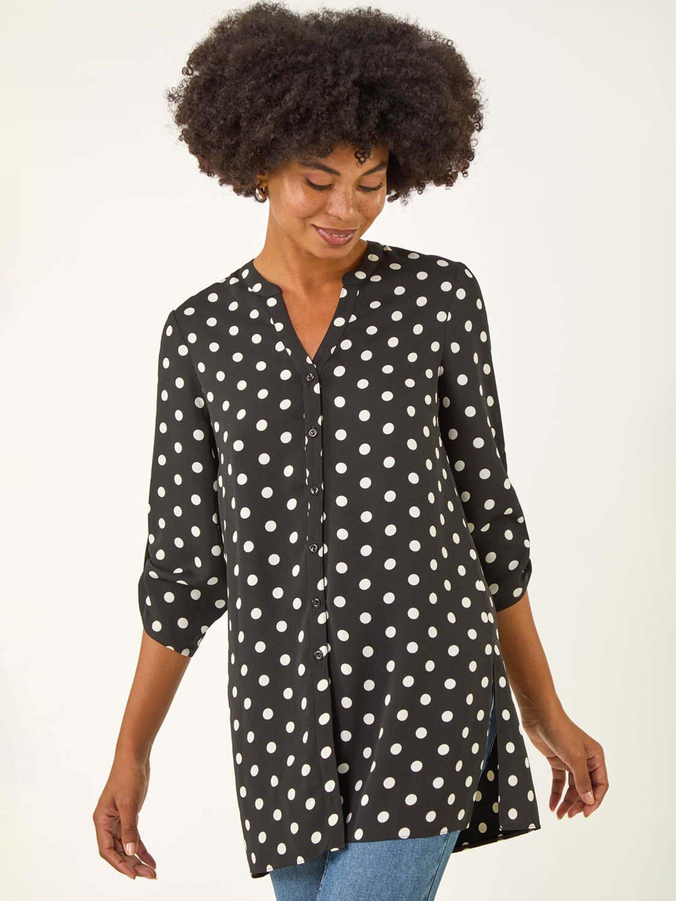 Image 3 of 5 of Roman Spot Print Longline Buttoned Blouse - Black