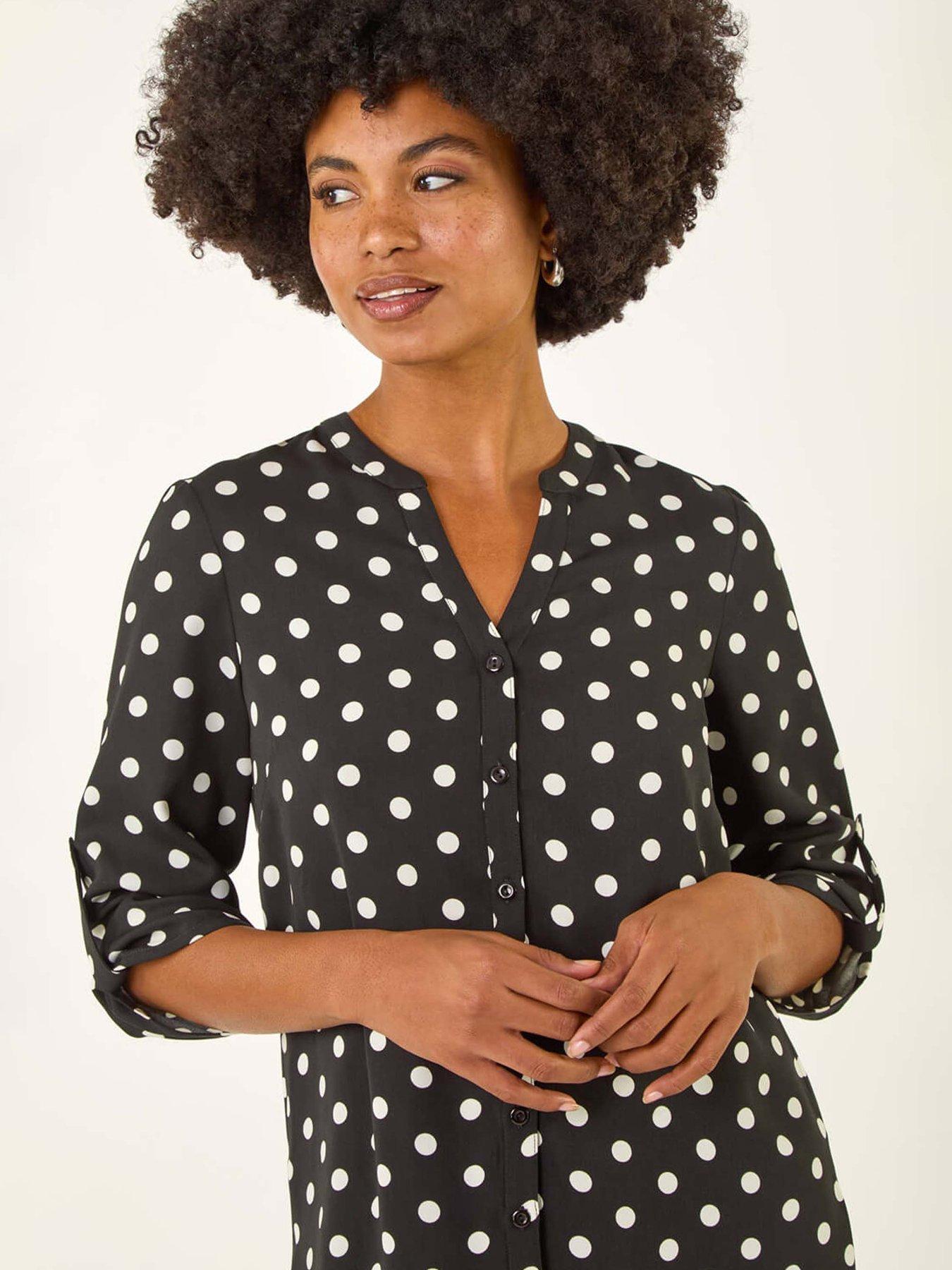 Image 4 of 5 of Roman Spot Print Longline Buttoned Blouse - Black