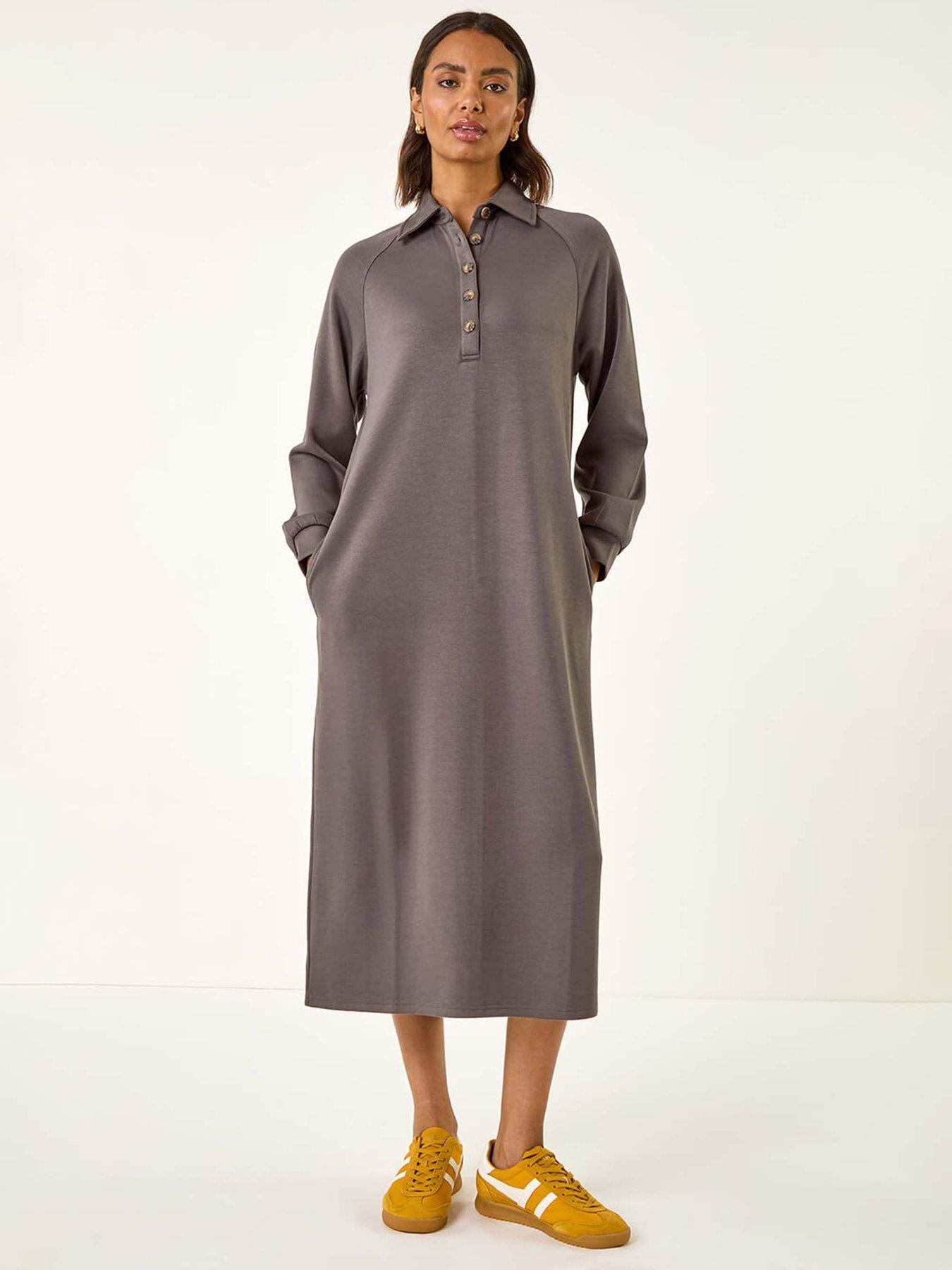Roman Buttoned Collar Midi Dress - Grey