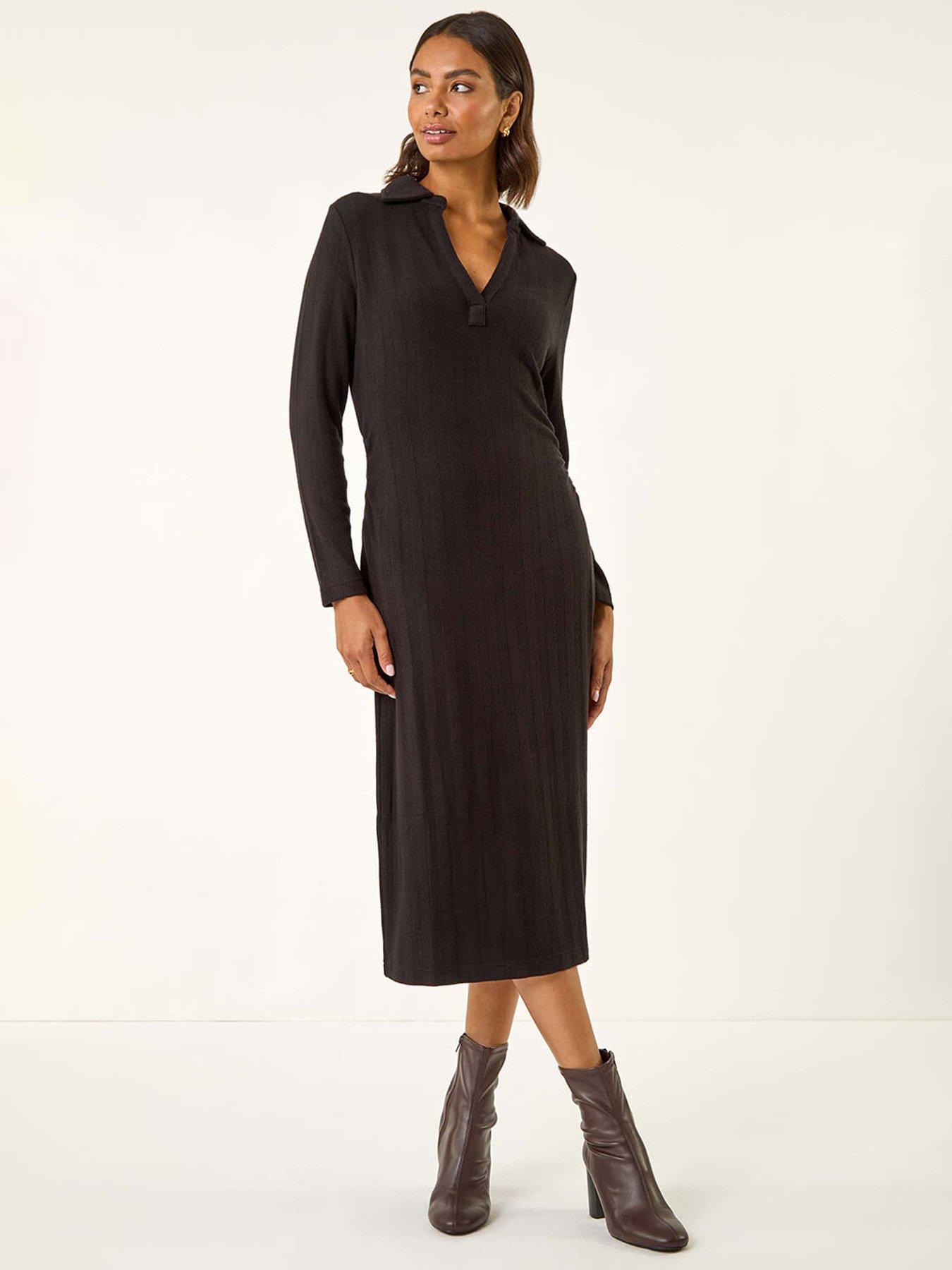 Roman Collar Ribbed Knit Miid Dress - Black