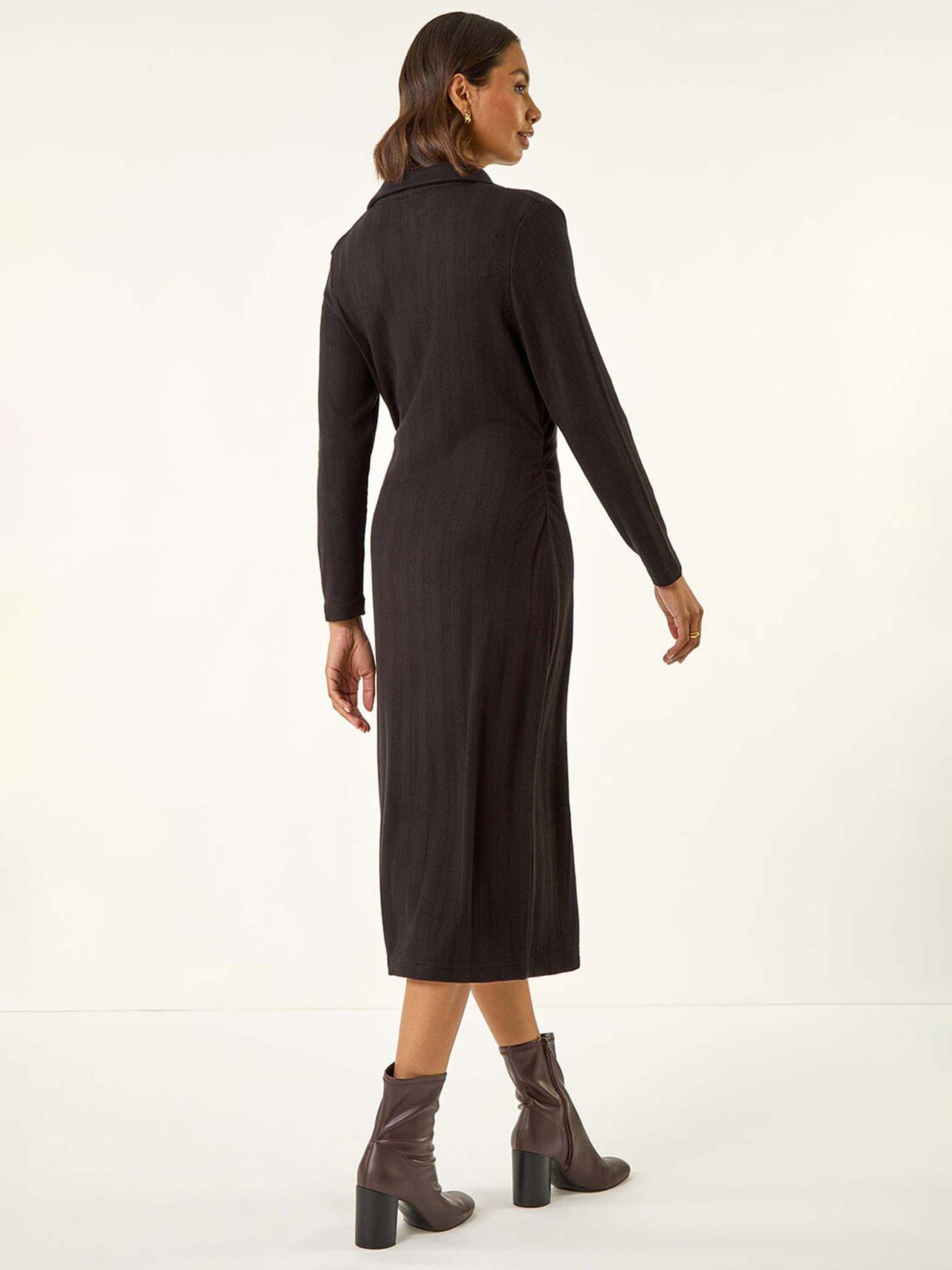 Image 2 of 5 of Roman Collar Ribbed Knit Mid Dress - Black