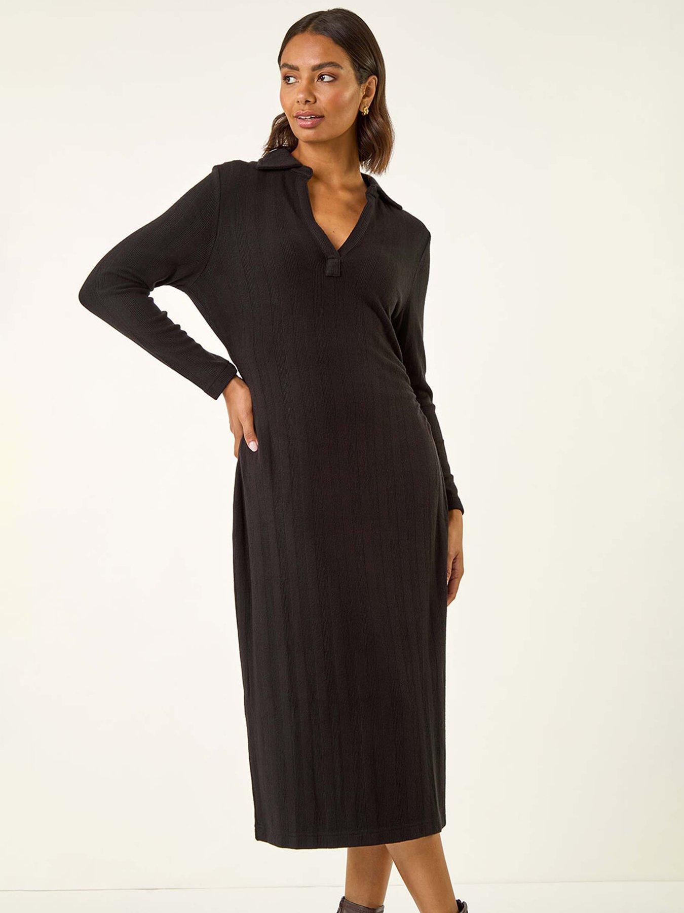  image of roman-collar-ribbed-knit-mid-dress-black