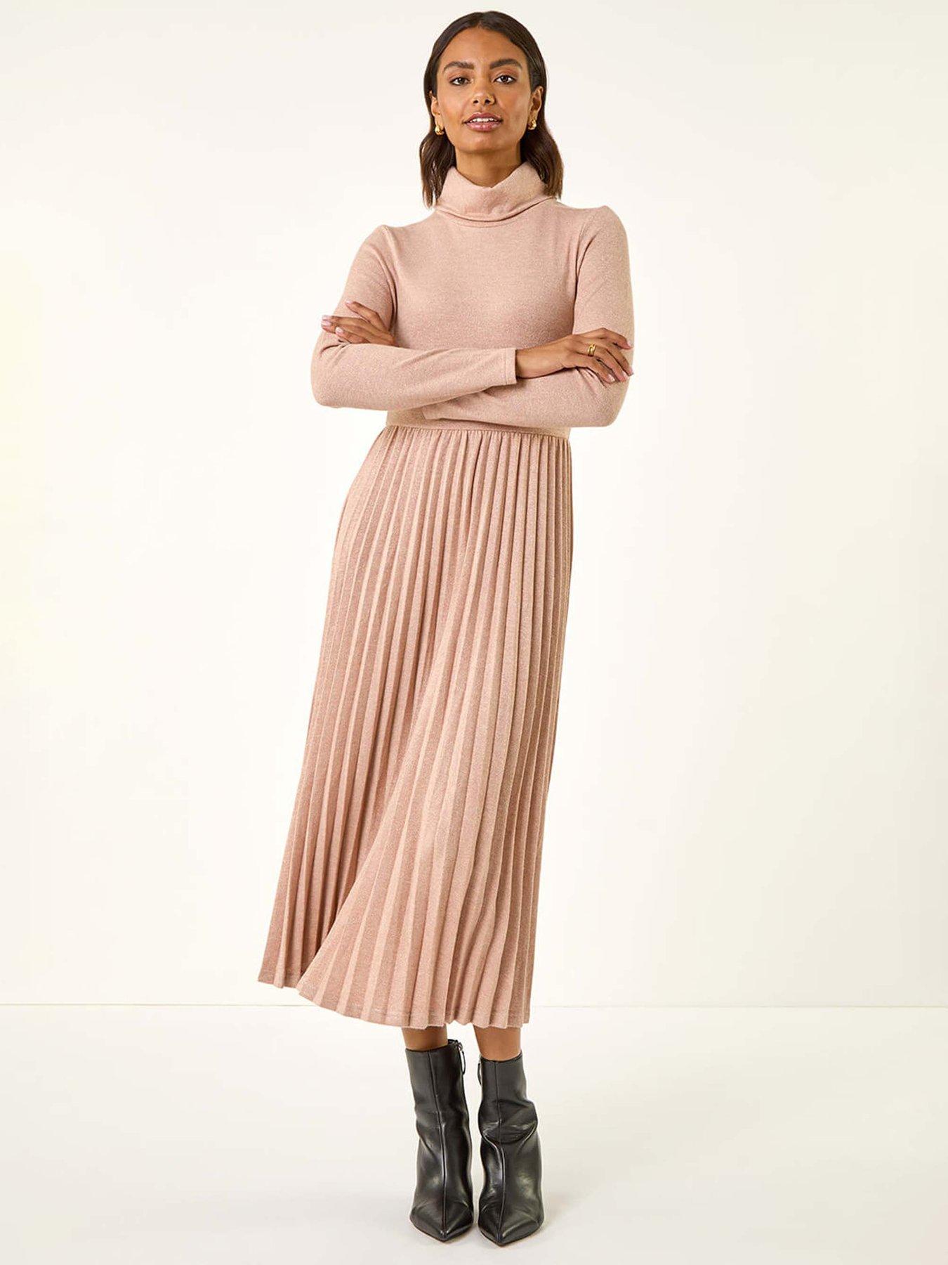 Roman High Neck Pleated Midi Dress - Pink