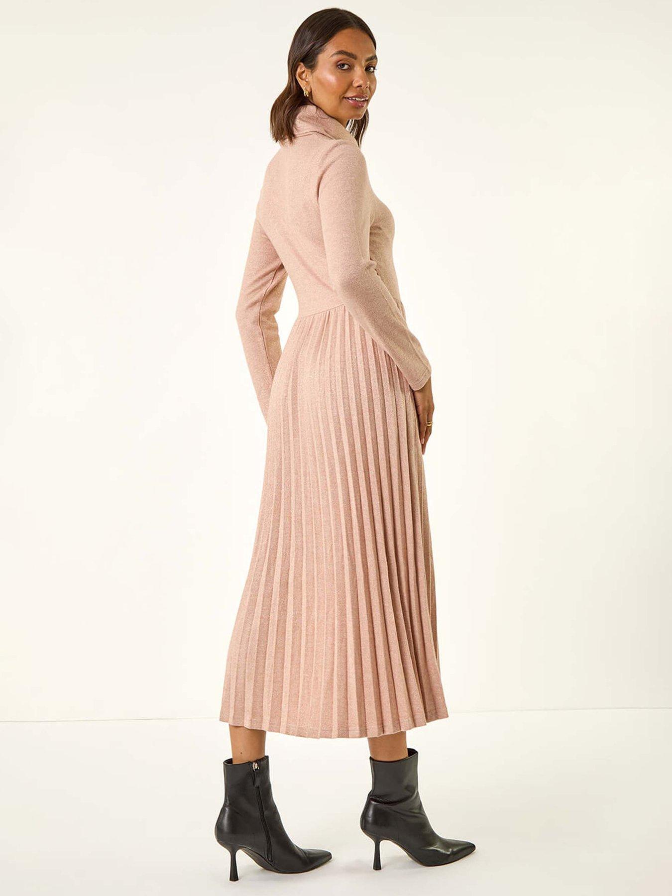 Image 2 of 5 of Roman High Neck Pleated Midi Dress - Pink