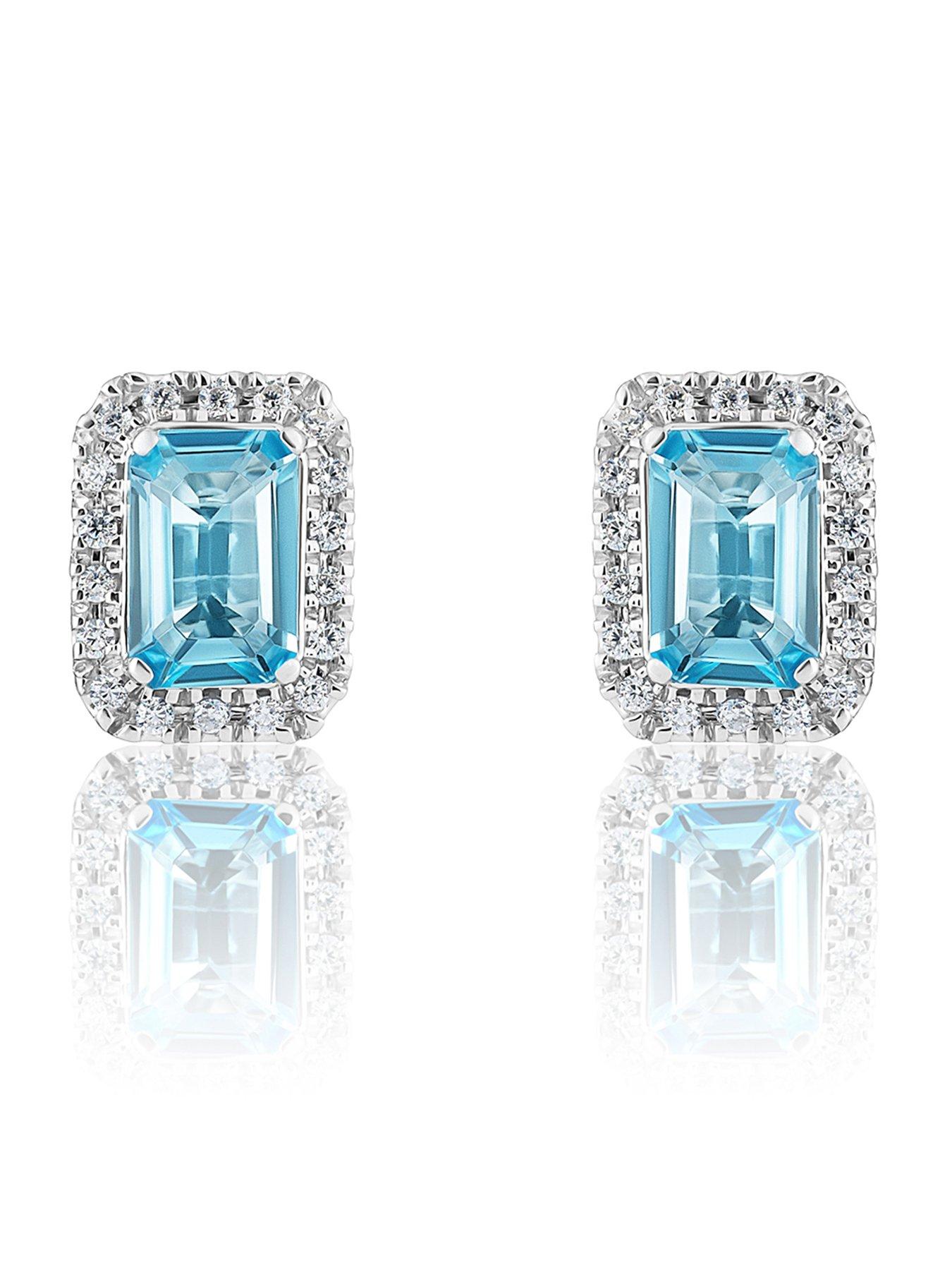Love DIAMOND Swiss Blue Topaz  &  0.14ct Natural Diamond Emerald Cut Studs