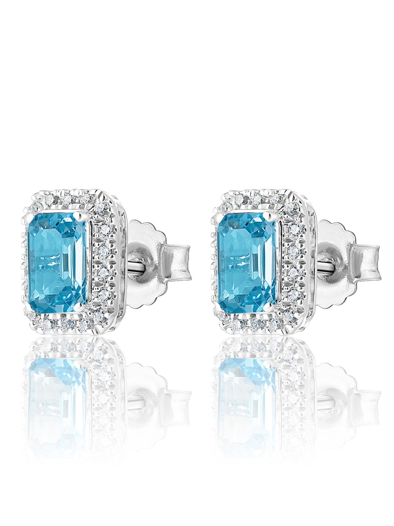Image 3 of 5 of Love DIAMOND Swiss Blue Topaz &amp; 0.14ct Natural Diamond Emerald Cut Studs