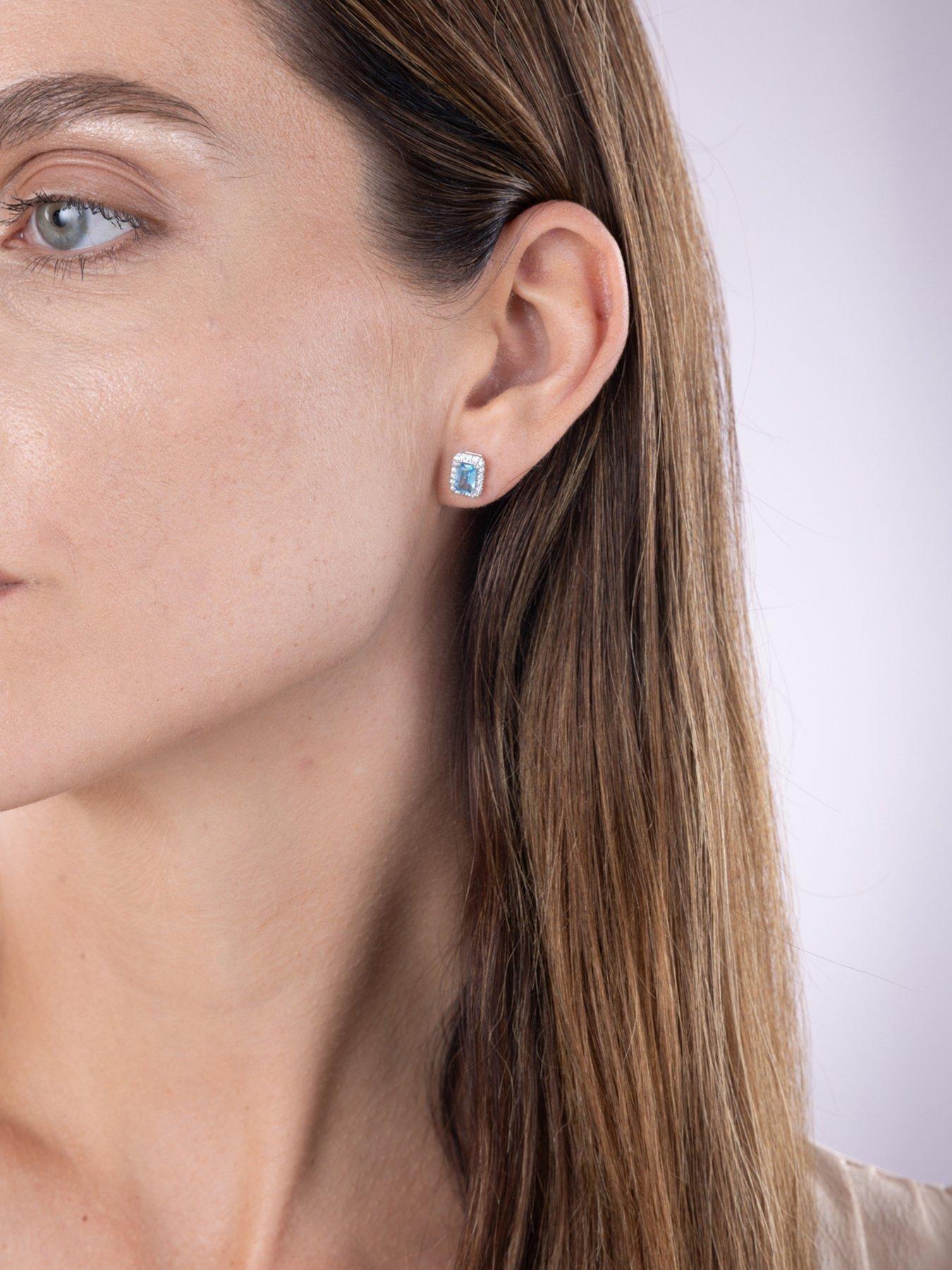 Image 5 of 5 of Love DIAMOND Swiss Blue Topaz &amp; 0.14ct Natural Diamond Emerald Cut Studs