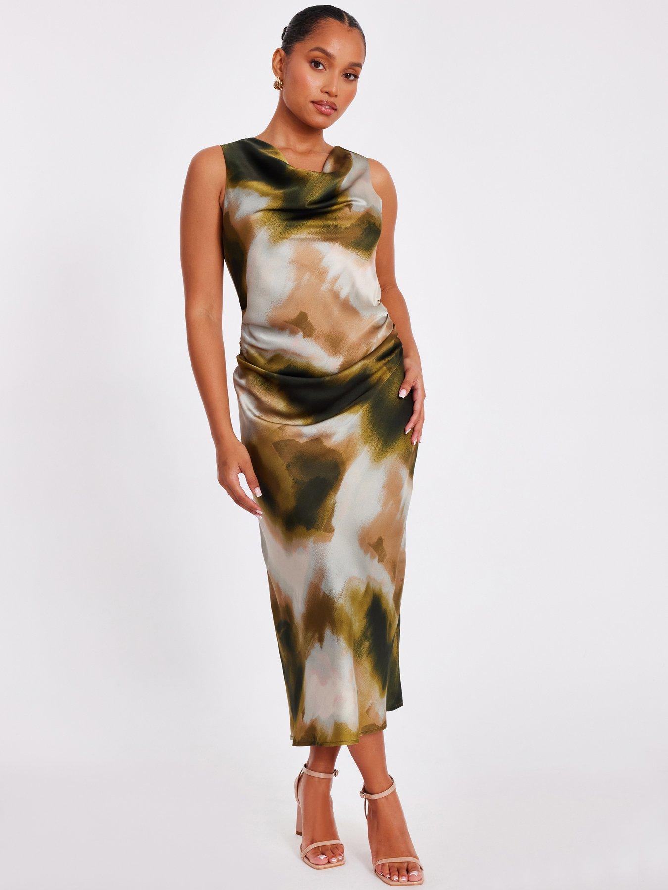undefined Petite Khaki Satin Printed Midaxi Dress