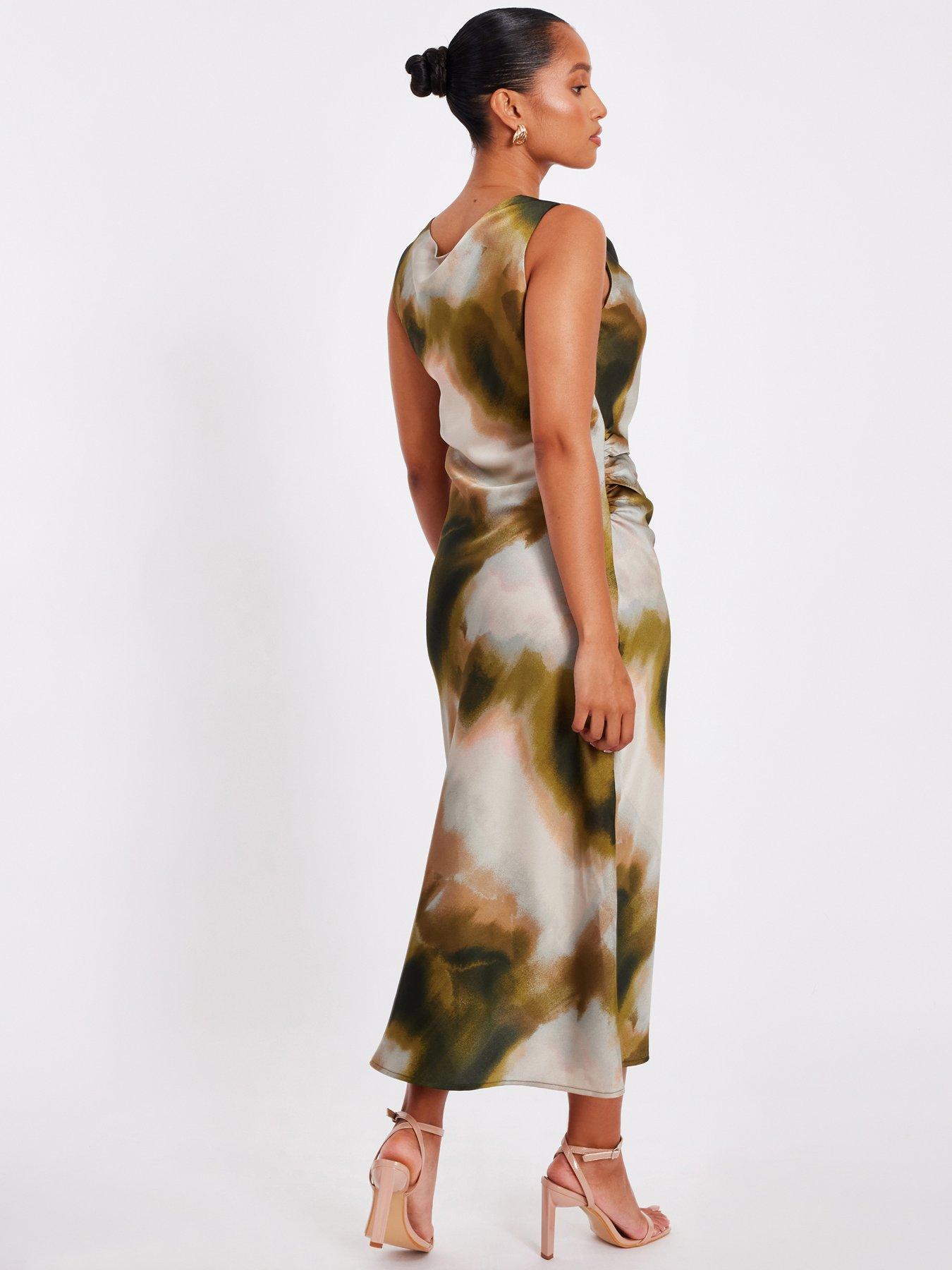Image 2 of 6 of Quiz Petite Khaki Satin Printed Midaxi Dress
