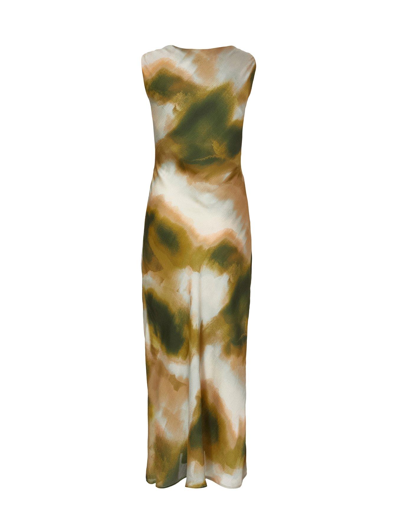 Image 4 of 6 of Quiz Petite Khaki Satin Printed Midaxi Dress