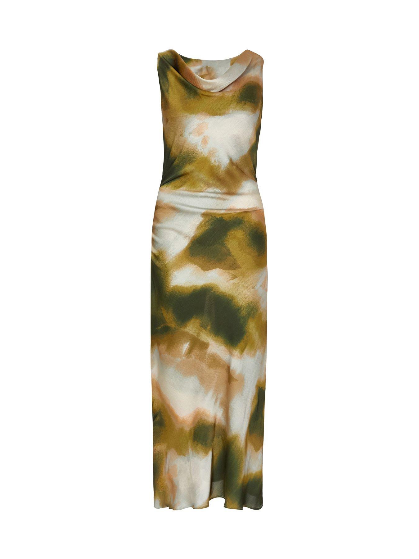 Image 5 of 6 of Quiz Petite Khaki Satin Printed Midaxi Dress