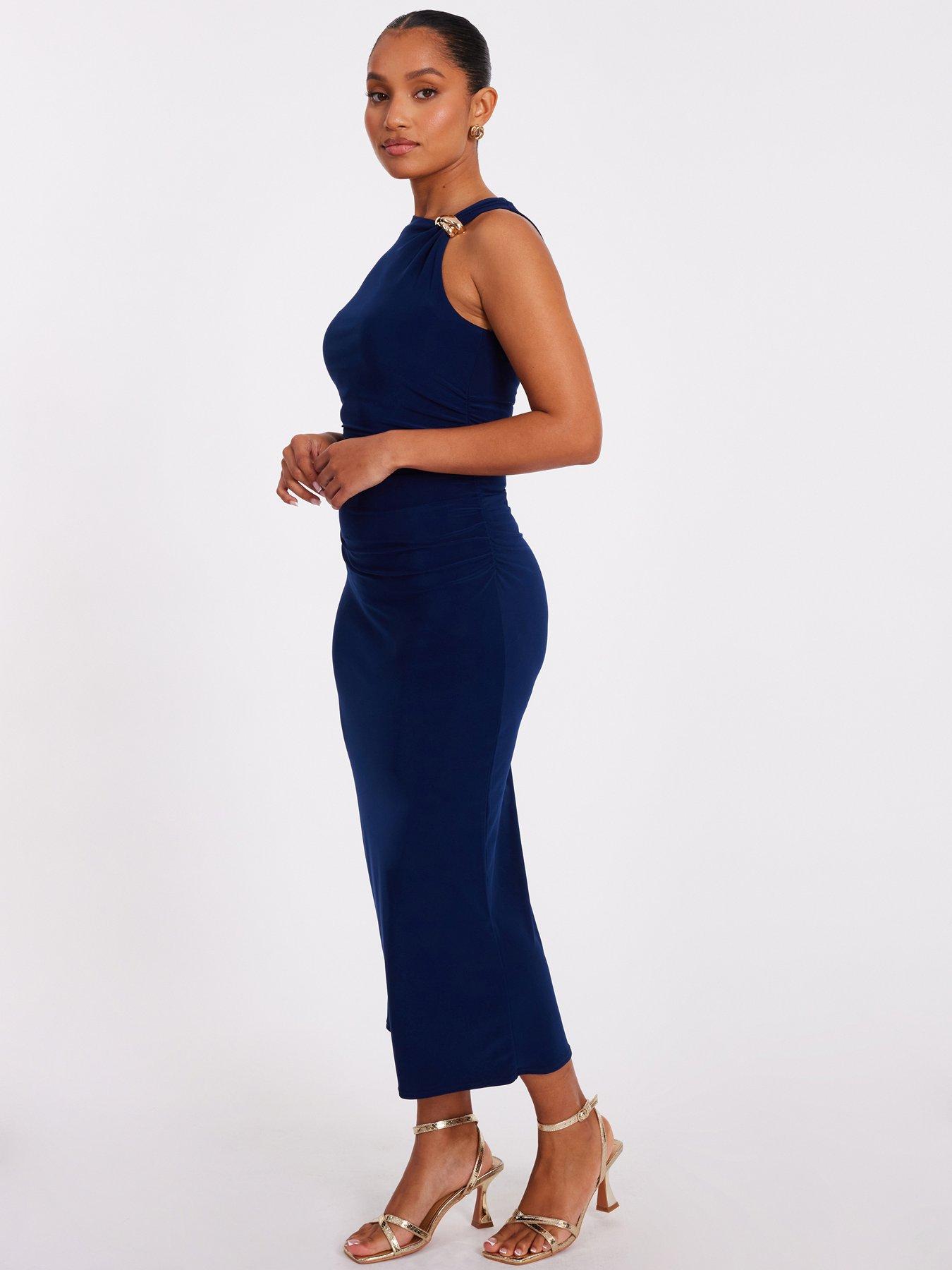 Image 3 of 6 of Quiz Petite Navy Gold Buckle Midaxi Dress