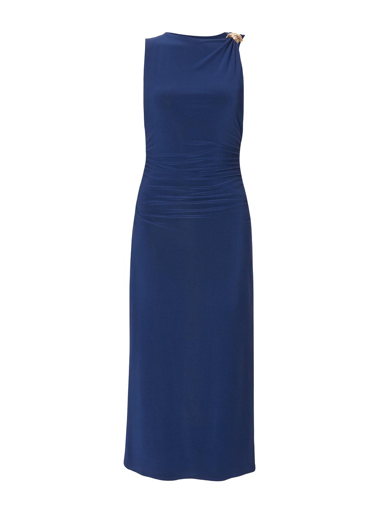 Image 5 of 6 of Quiz Petite Navy Gold Buckle Midaxi Dress