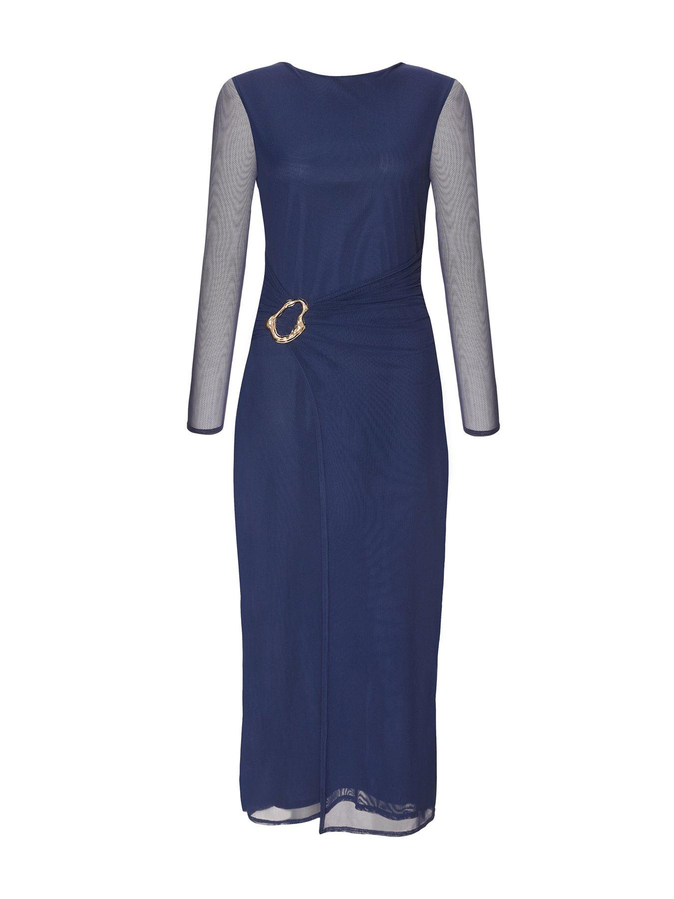 Image 4 of 6 of Quiz Petite Navy Mesh Buckle Midaxi Dress