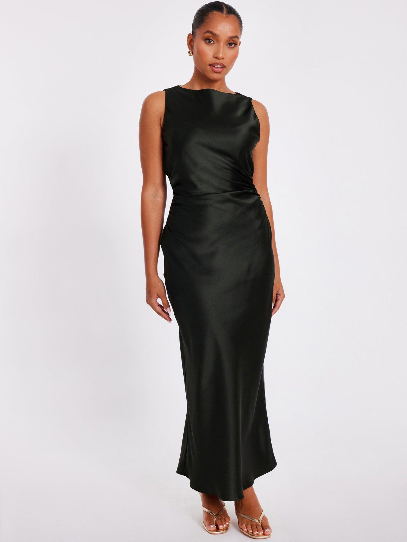 undefined Petite Olive Satin Ruched Midaxi Dress