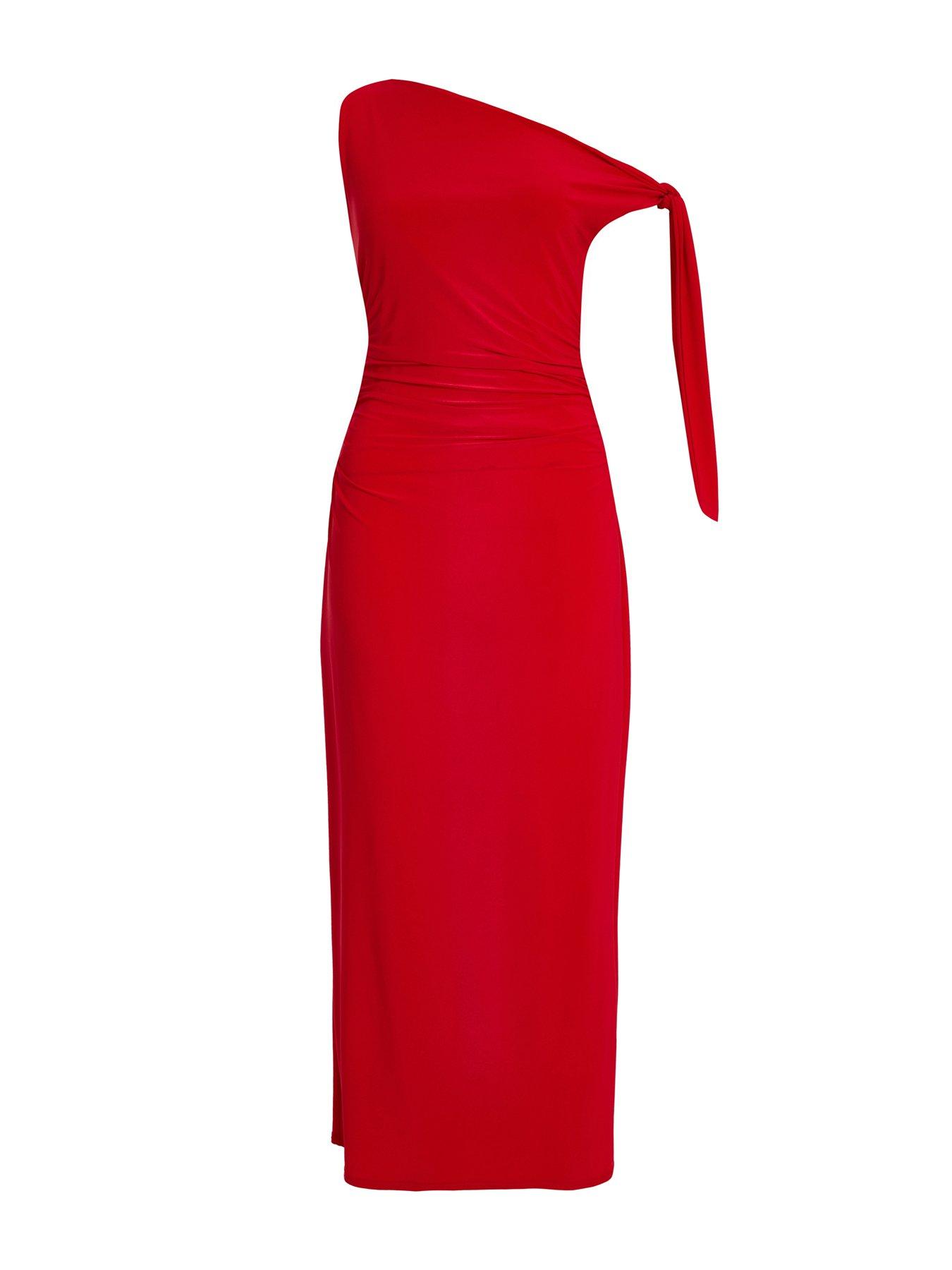 Image 4 of 6 of Quiz Petite Red Asymmetric Midaxi Dress