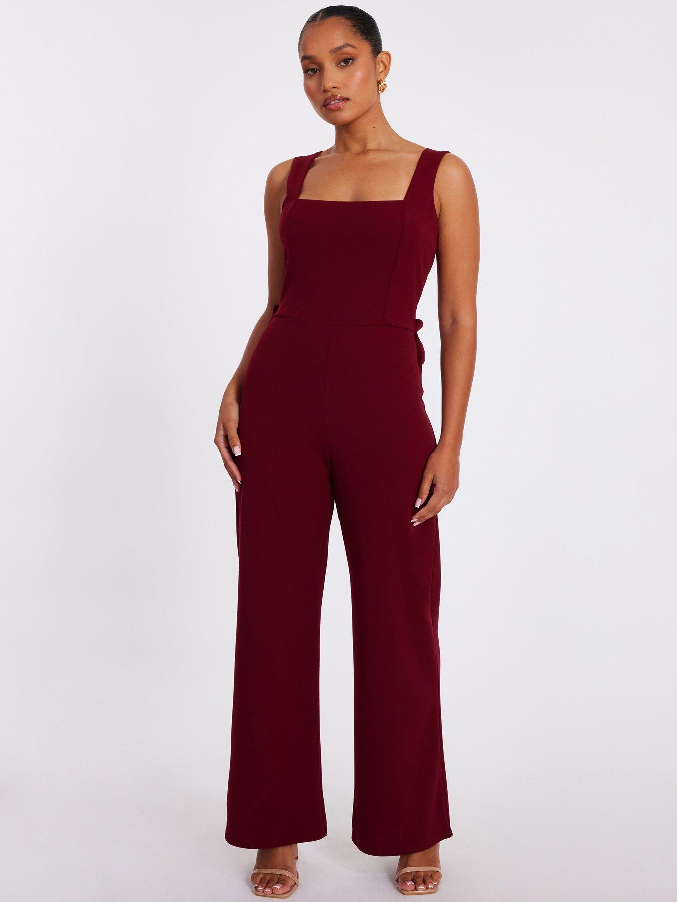 Image 1 of 6 of Quiz Petite Dark Red Bow Back Jumpsuit