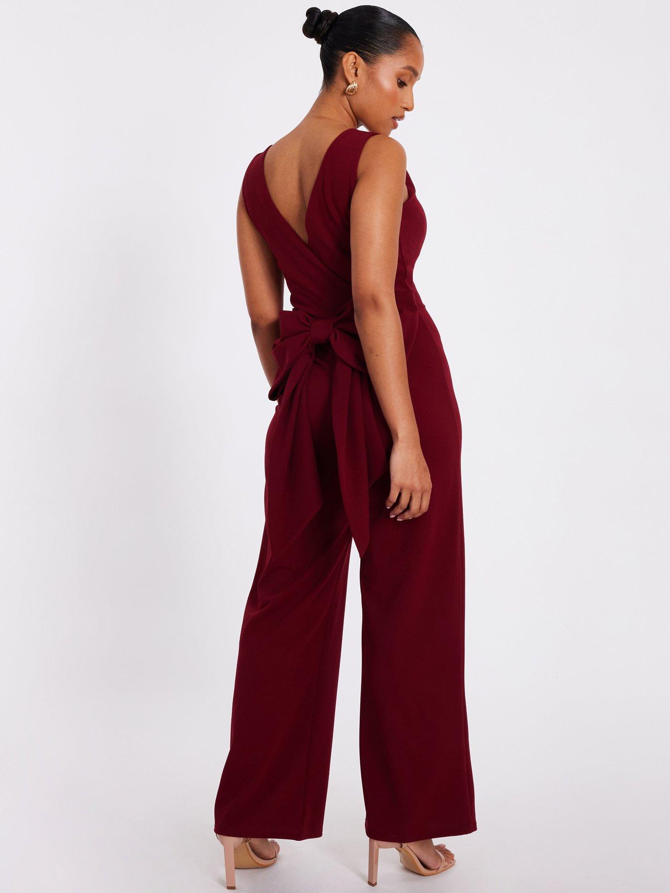 Image 2 of 6 of Quiz Petite Dark Red Bow Back Jumpsuit
