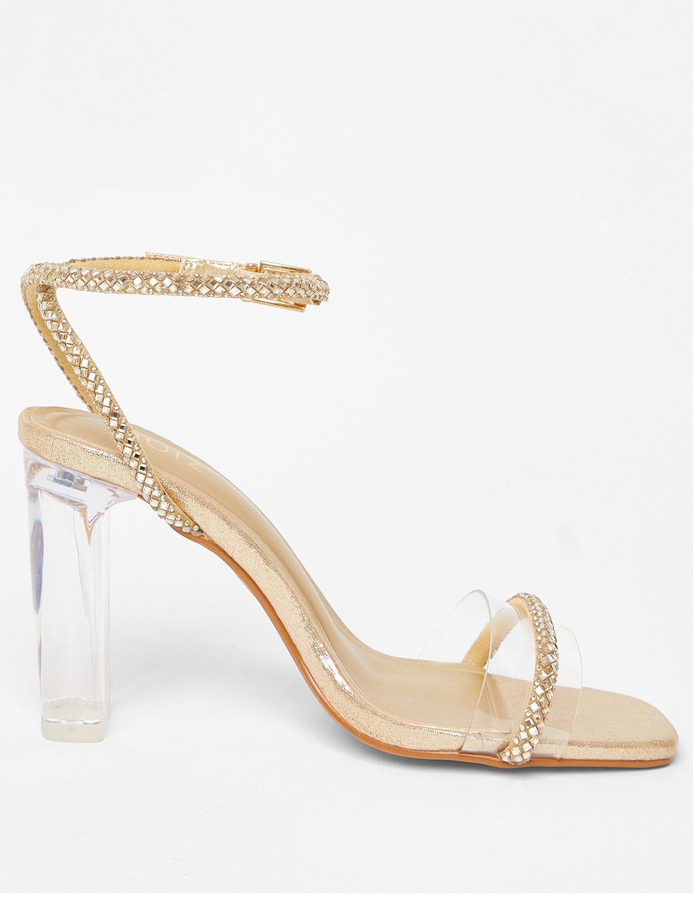 Quiz Gold Diamante Clear Block Heels
