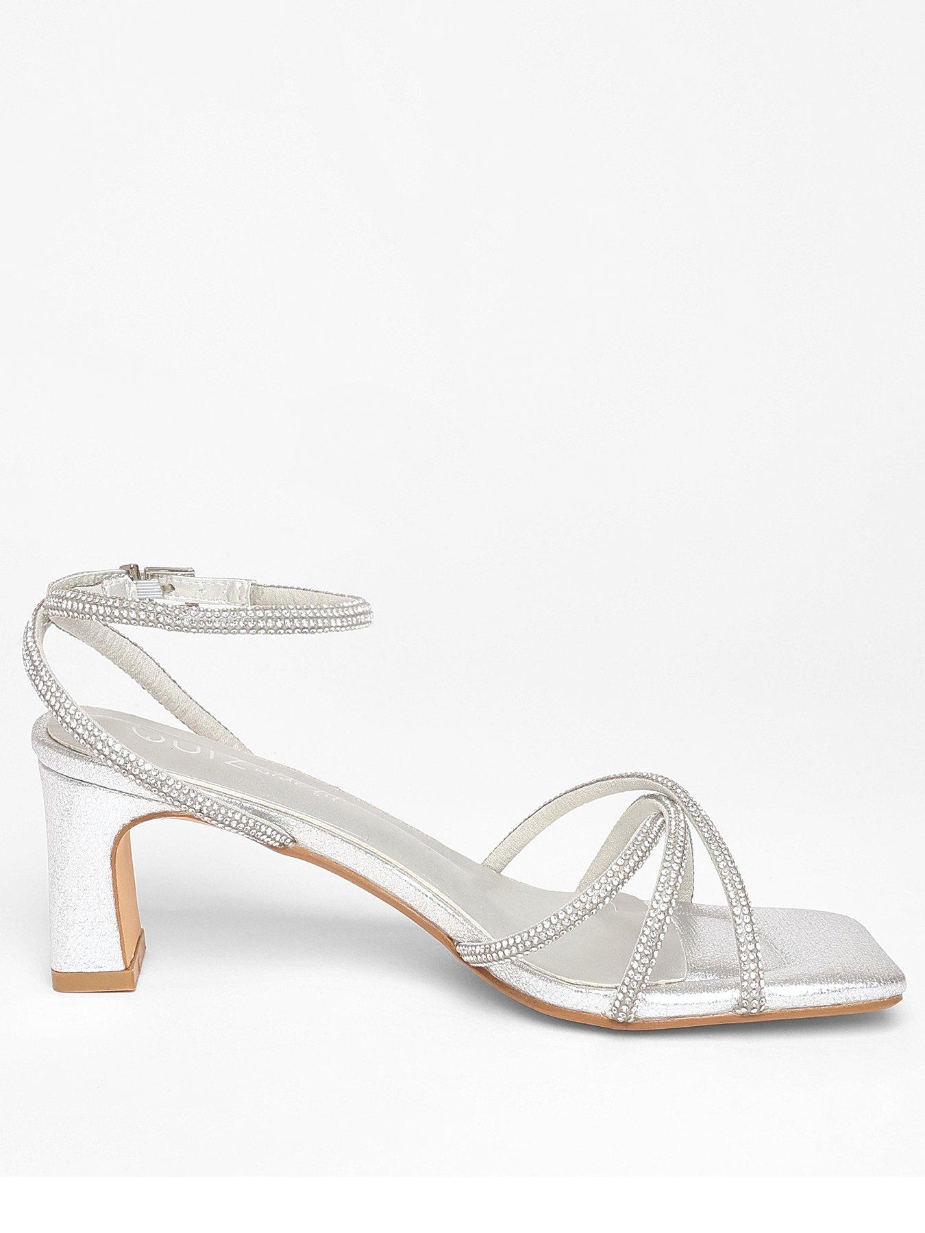 Image 1 of 5 of Quiz Wide Fit Silver Diamante Strap Block Heels