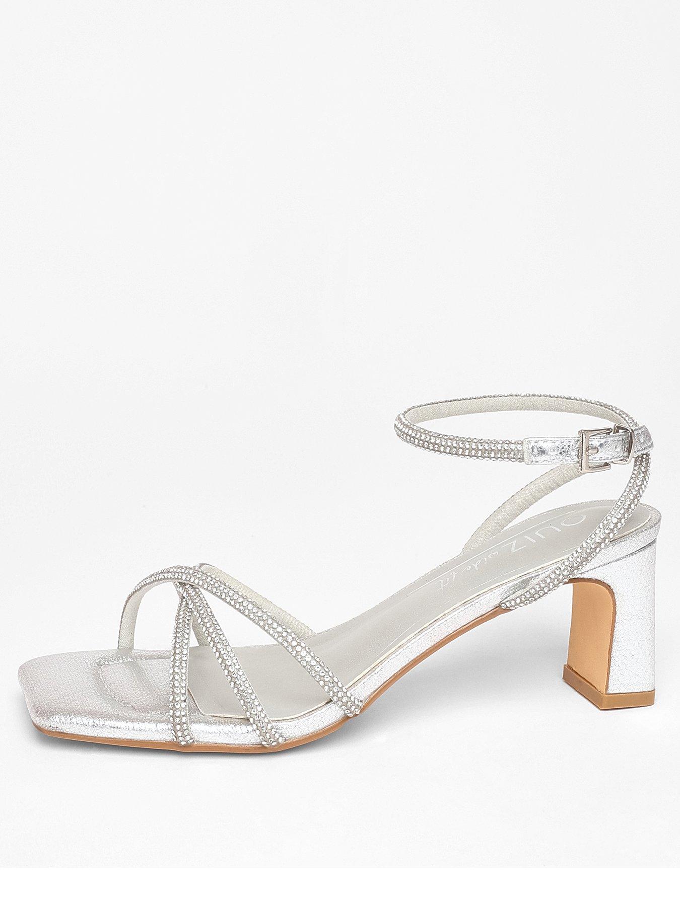 Image 3 of 5 of Quiz Wide Fit Silver Diamante Strap Block Heels