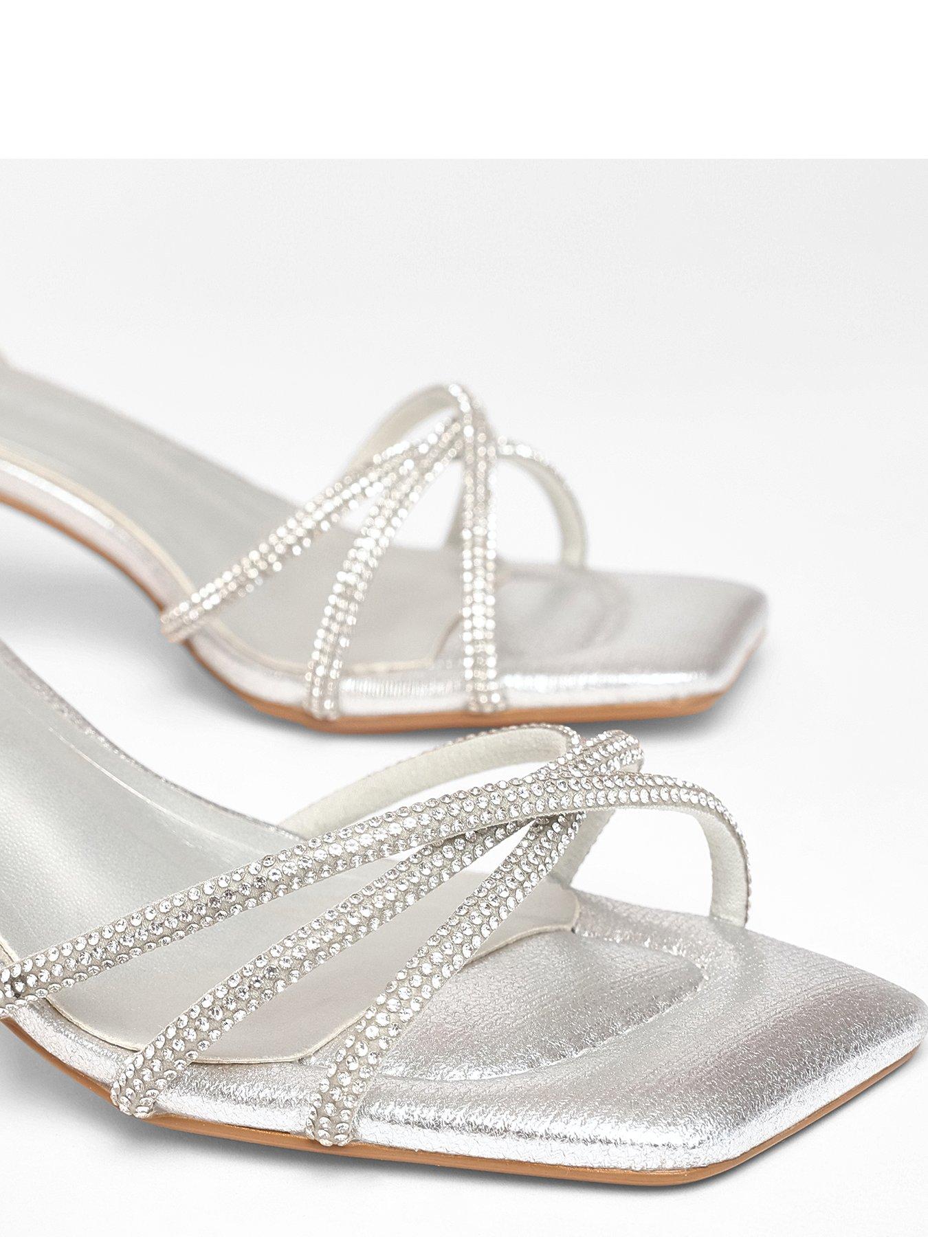 Image 5 of 5 of Quiz Wide Fit Silver Diamante Strap Block Heels