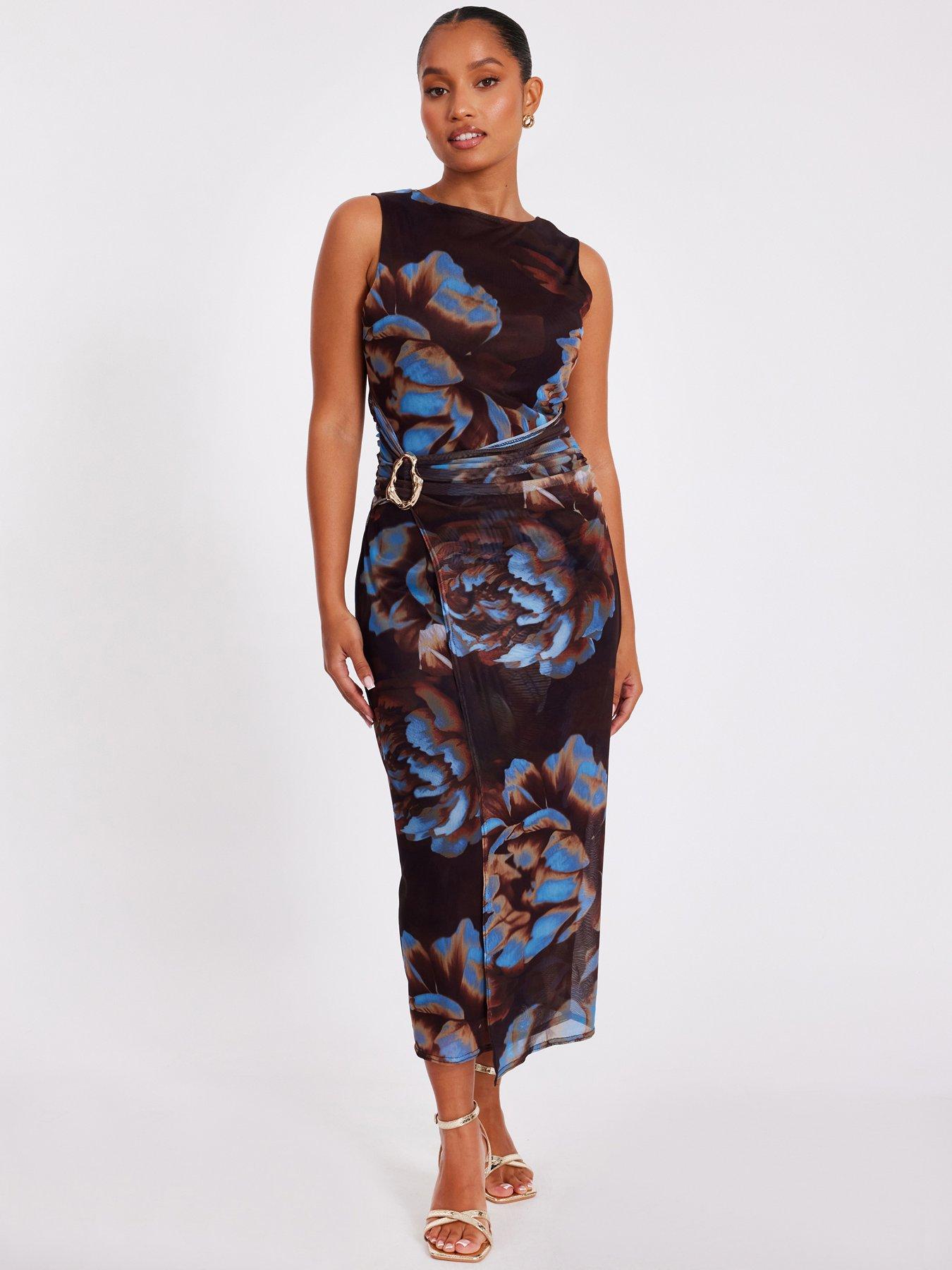 undefined Petite Brown Floral Mesh Midaxi Dress