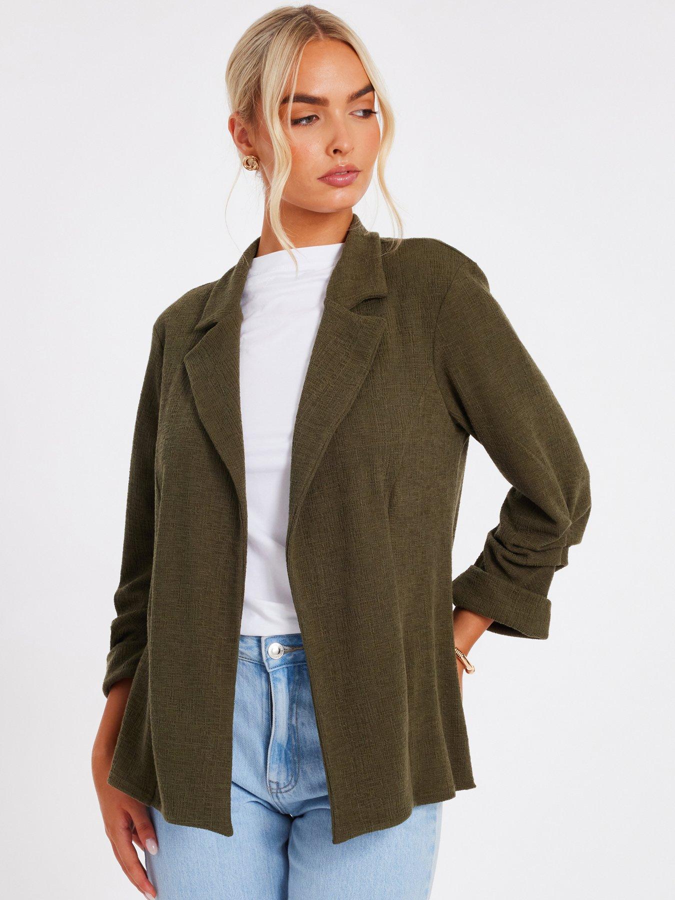undefined Khaki Textured Ruched Sleeve Blazer
