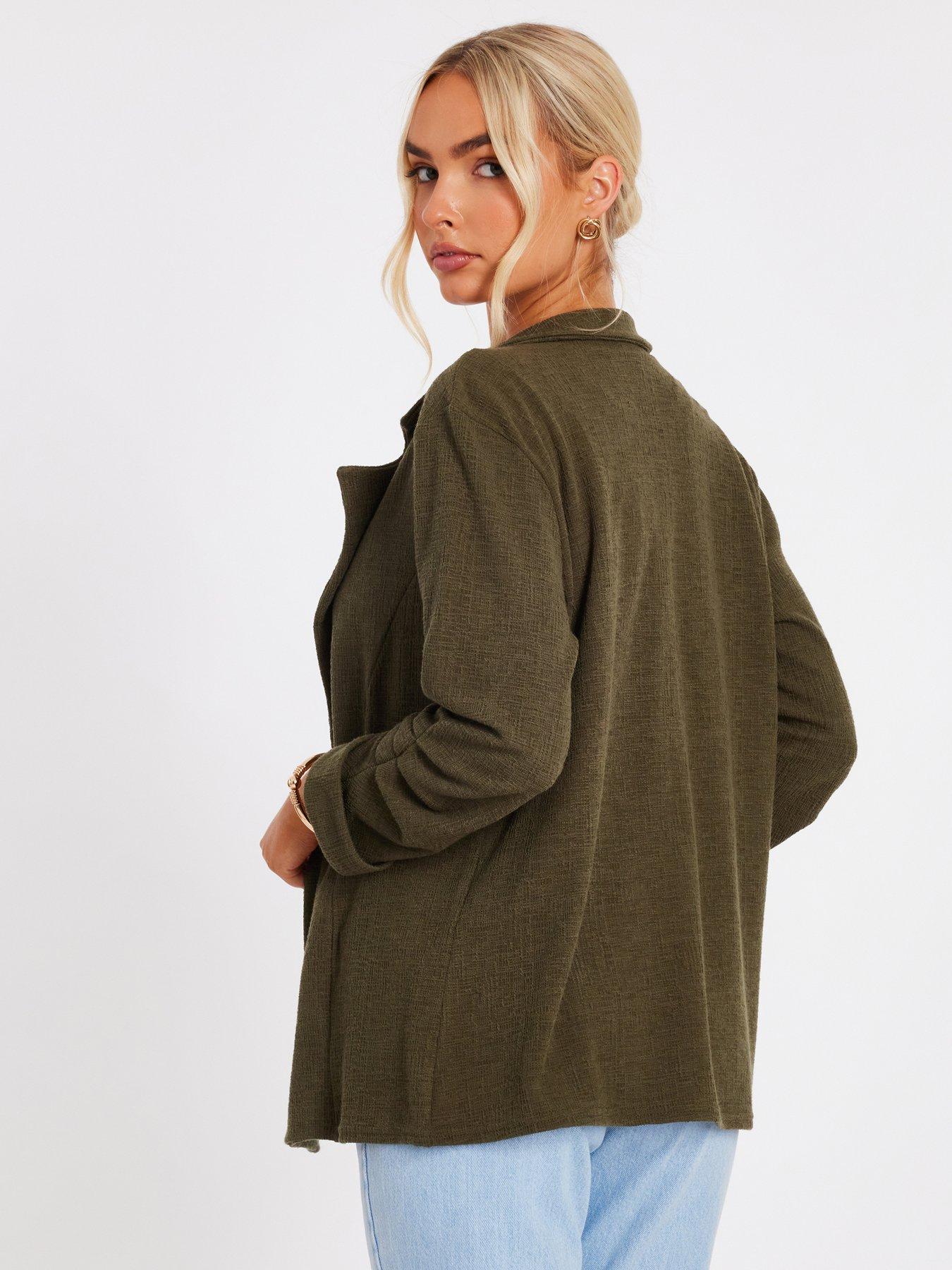 Image 2 of 6 of Quiz Khaki Textured Ruched Sleeve Blazer