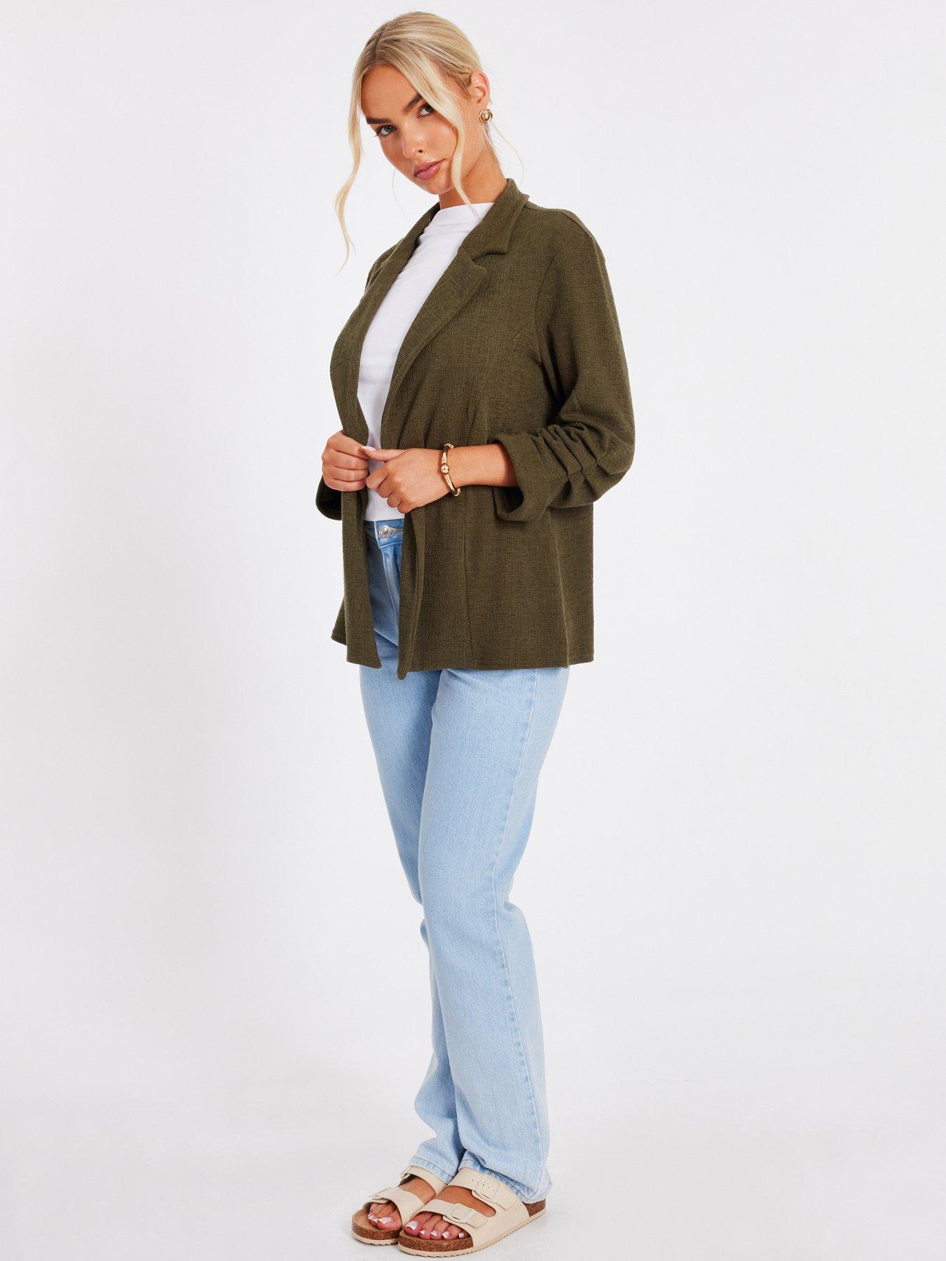 Image 3 of 6 of Quiz Khaki Textured Ruched Sleeve Blazer