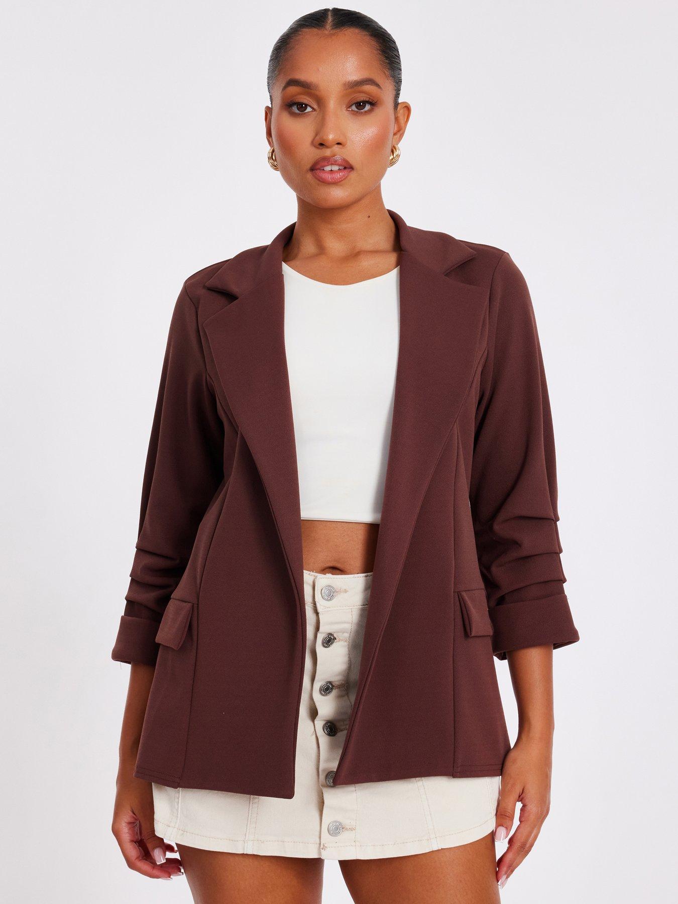 undefined Petite Brown Ruched Sleeve Blazer