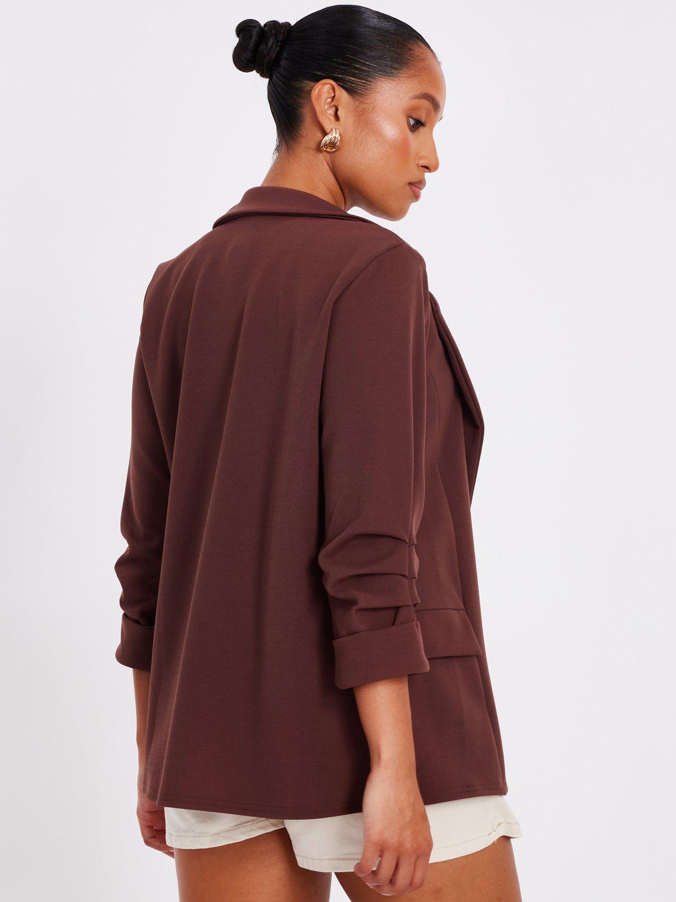 Image 2 of 6 of Quiz Petite Brown Ruched Sleeve Blazer