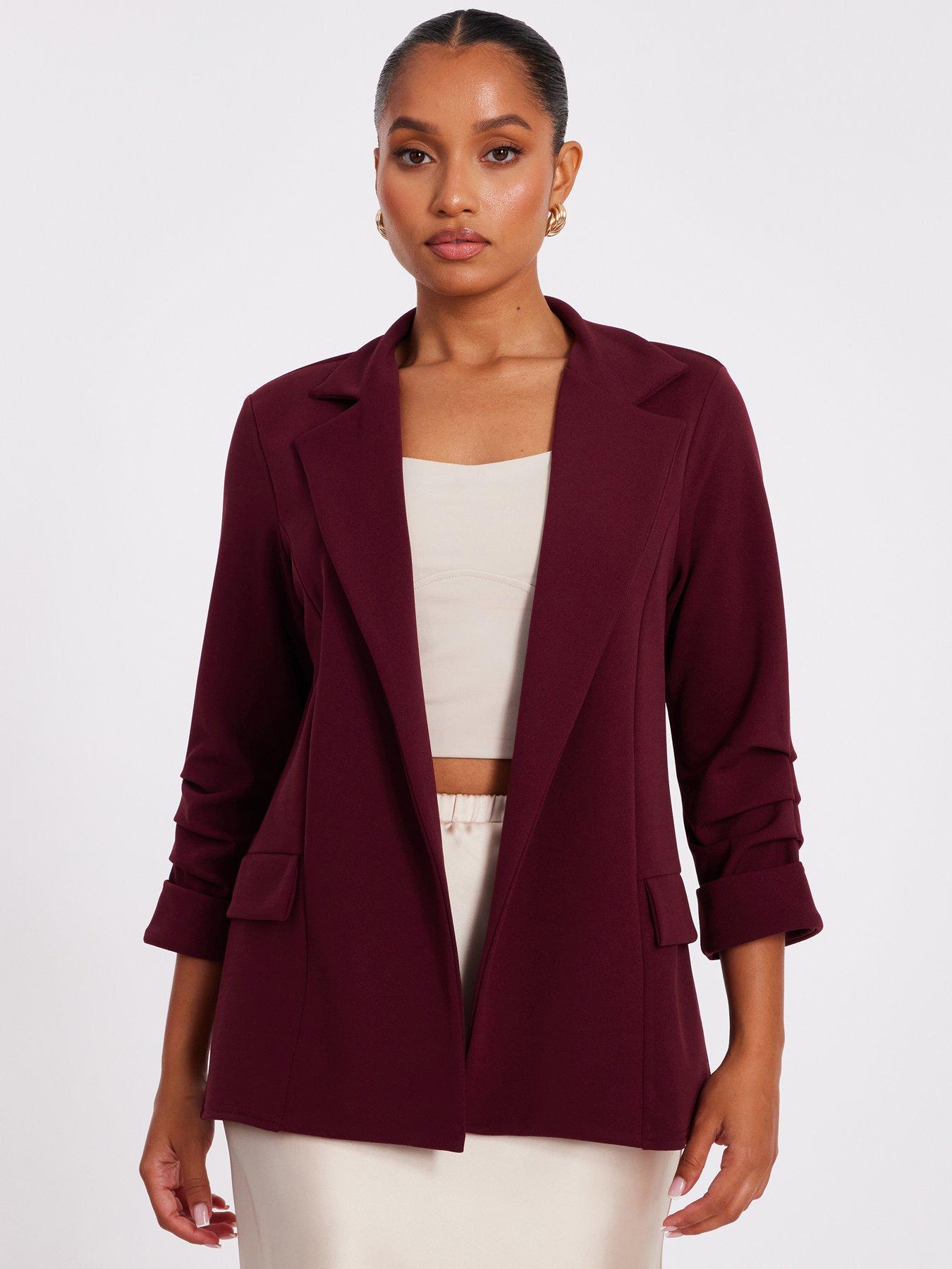 undefined Petite Dark Red Ruched Sleeve Blazer