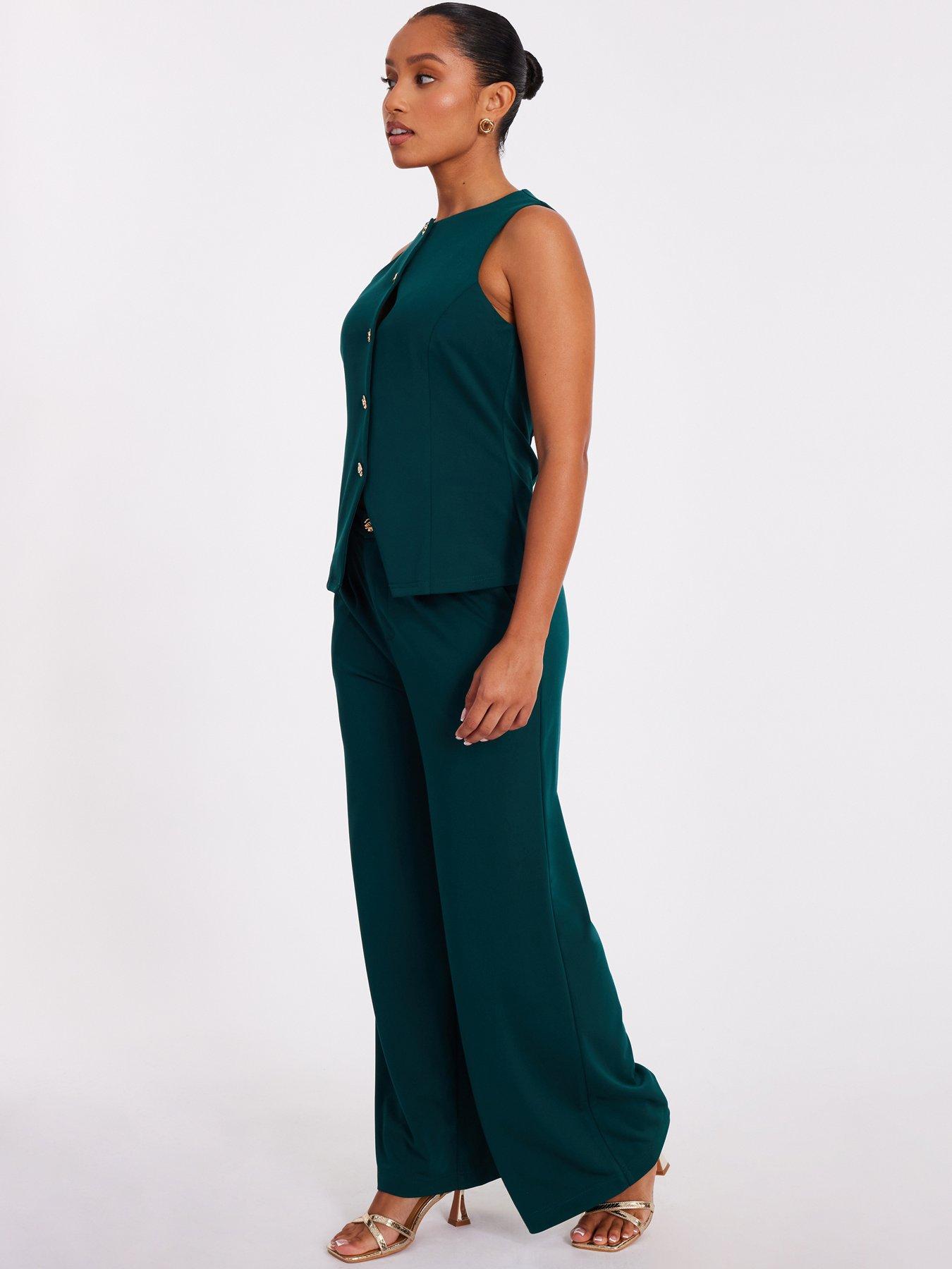 Image 3 of 6 of Quiz Petite Bottle Green Wide Leg Trousers