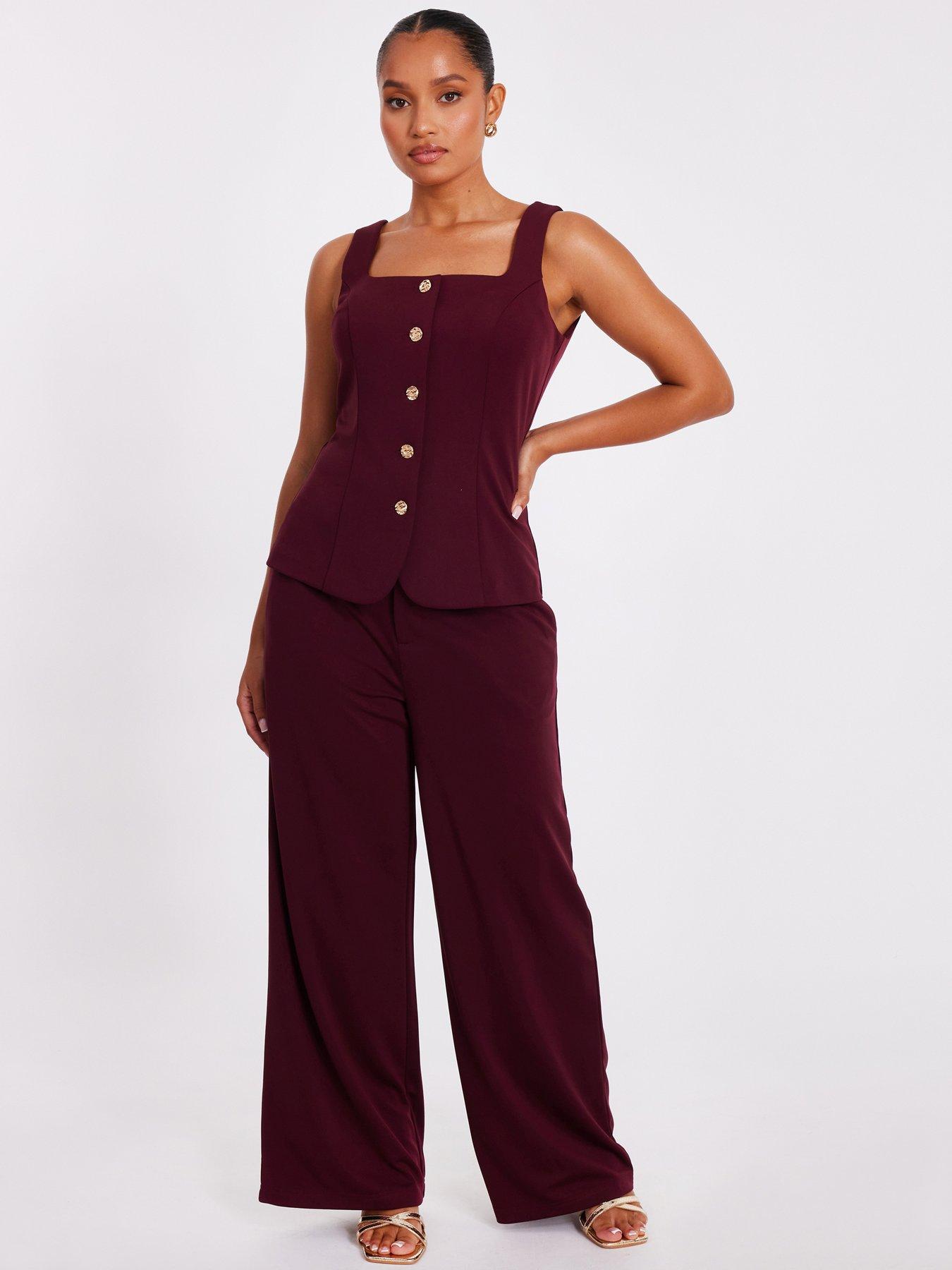 Image 1 of 6 of Quiz Petite Dark Red Wide Leg Trousers