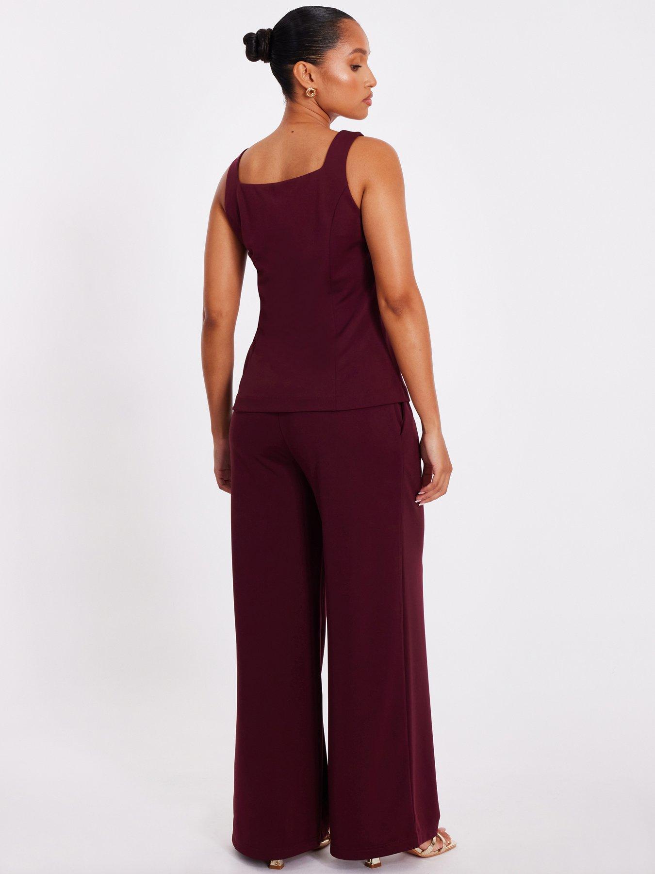 Image 2 of 6 of Quiz Petite Dark Red Wide Leg Trousers