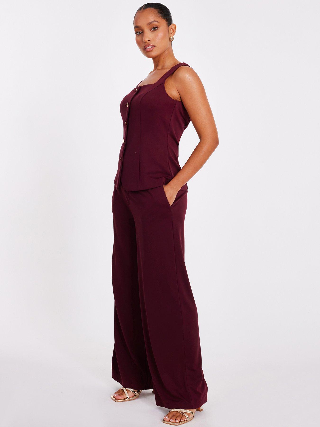 Image 3 of 6 of Quiz Petite Dark Red Wide Leg Trousers